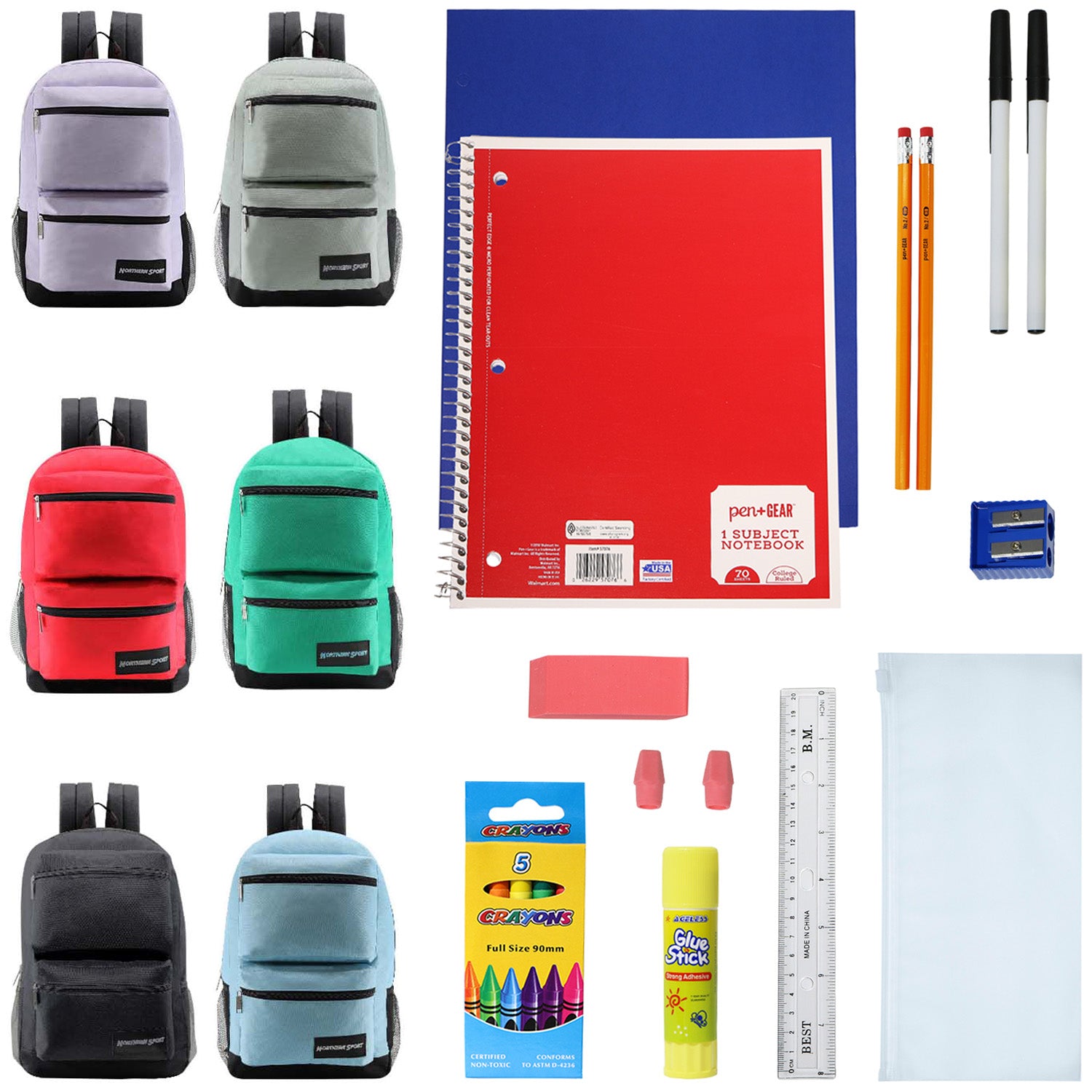 18 Piece Wholesale Basic School Supply Kit With 19 Backpack Bulk Case of 6 Backpacks and Kits