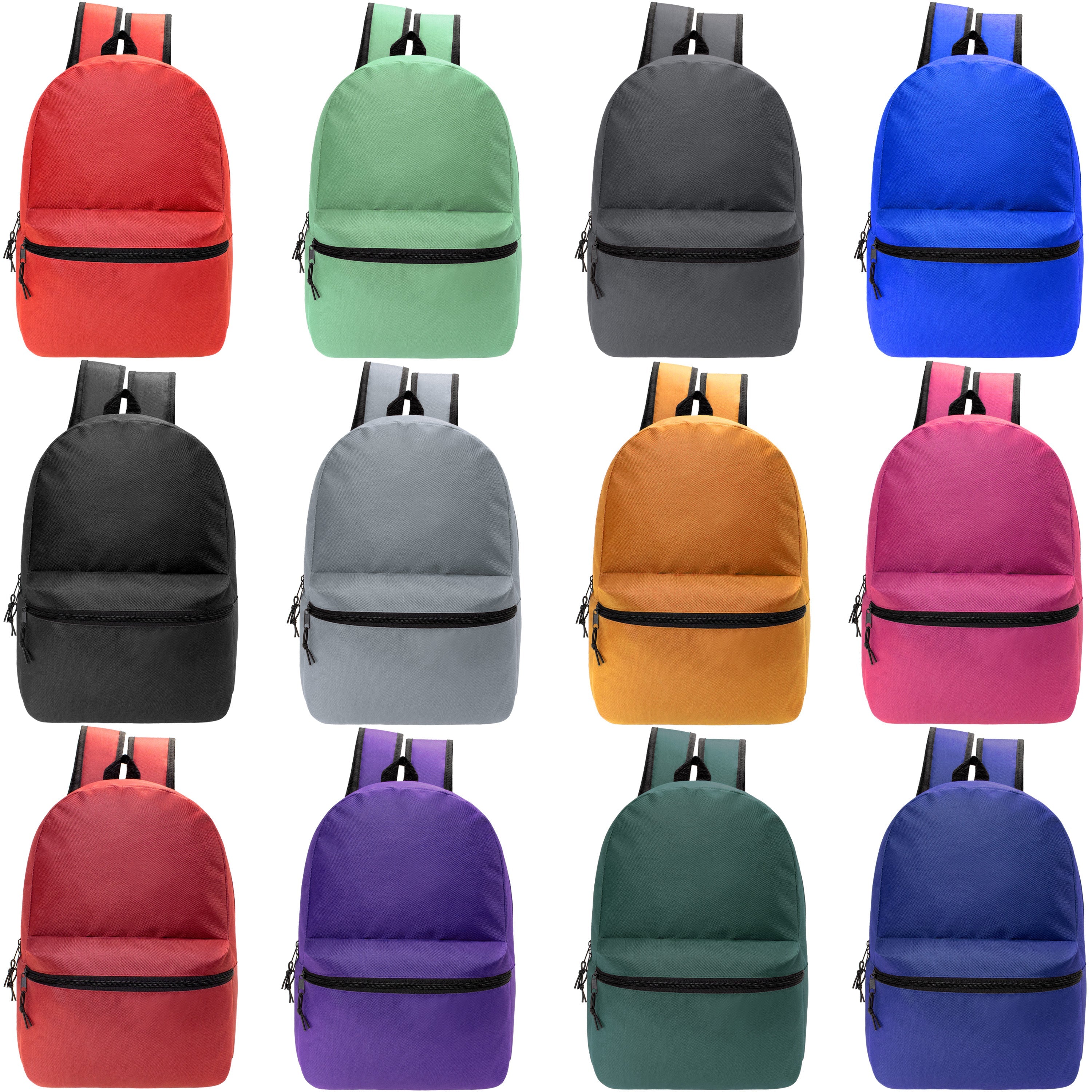 12 Wholesale Blank 19" Backpacks in 12 Assorted Colors and 12 Bulk School Supply Kits of Your Choice