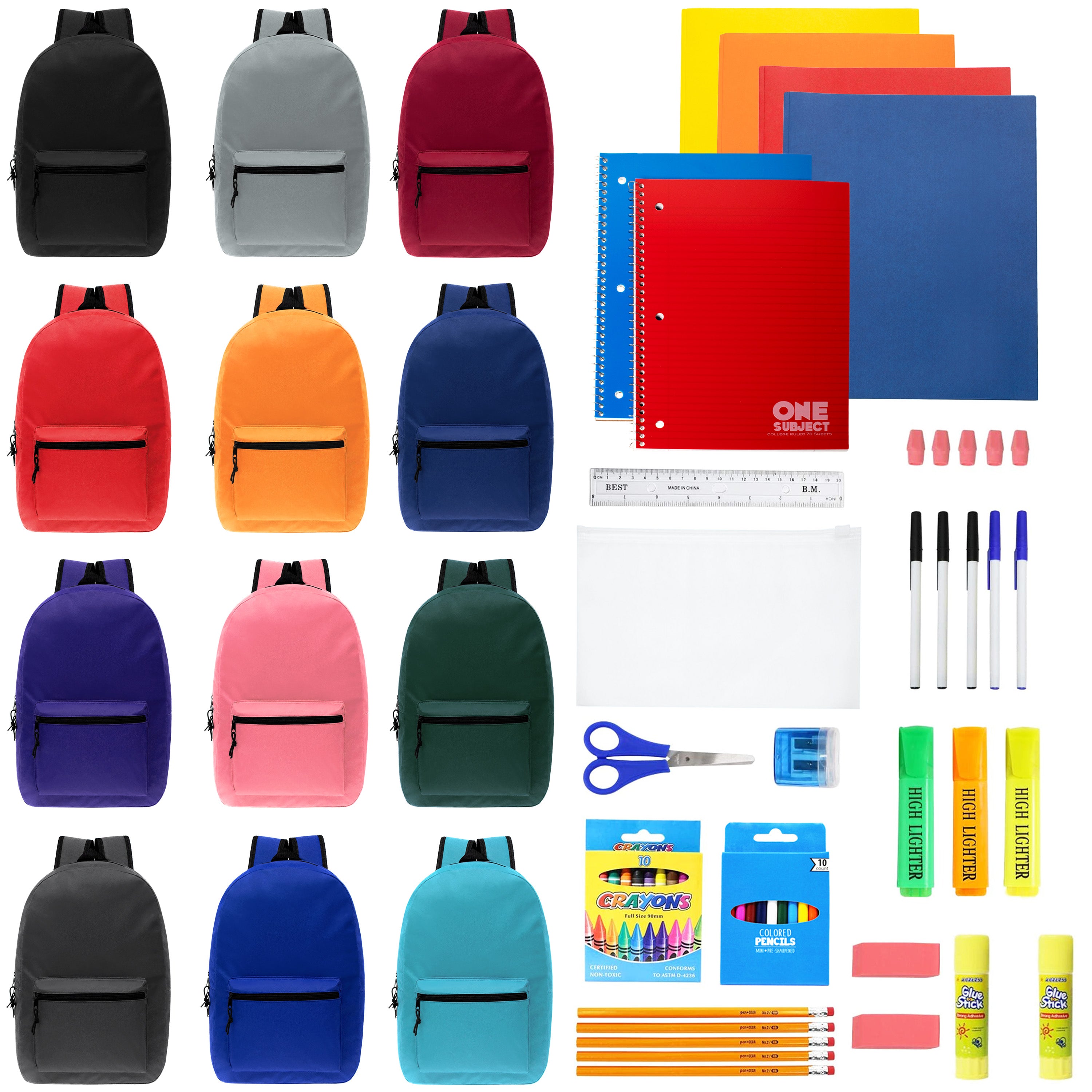 15" Bulk Backpacks in 12 Assorted Colors with 52 Piece School Supply Kits - Case of 12 Backpacks, 12 Kits