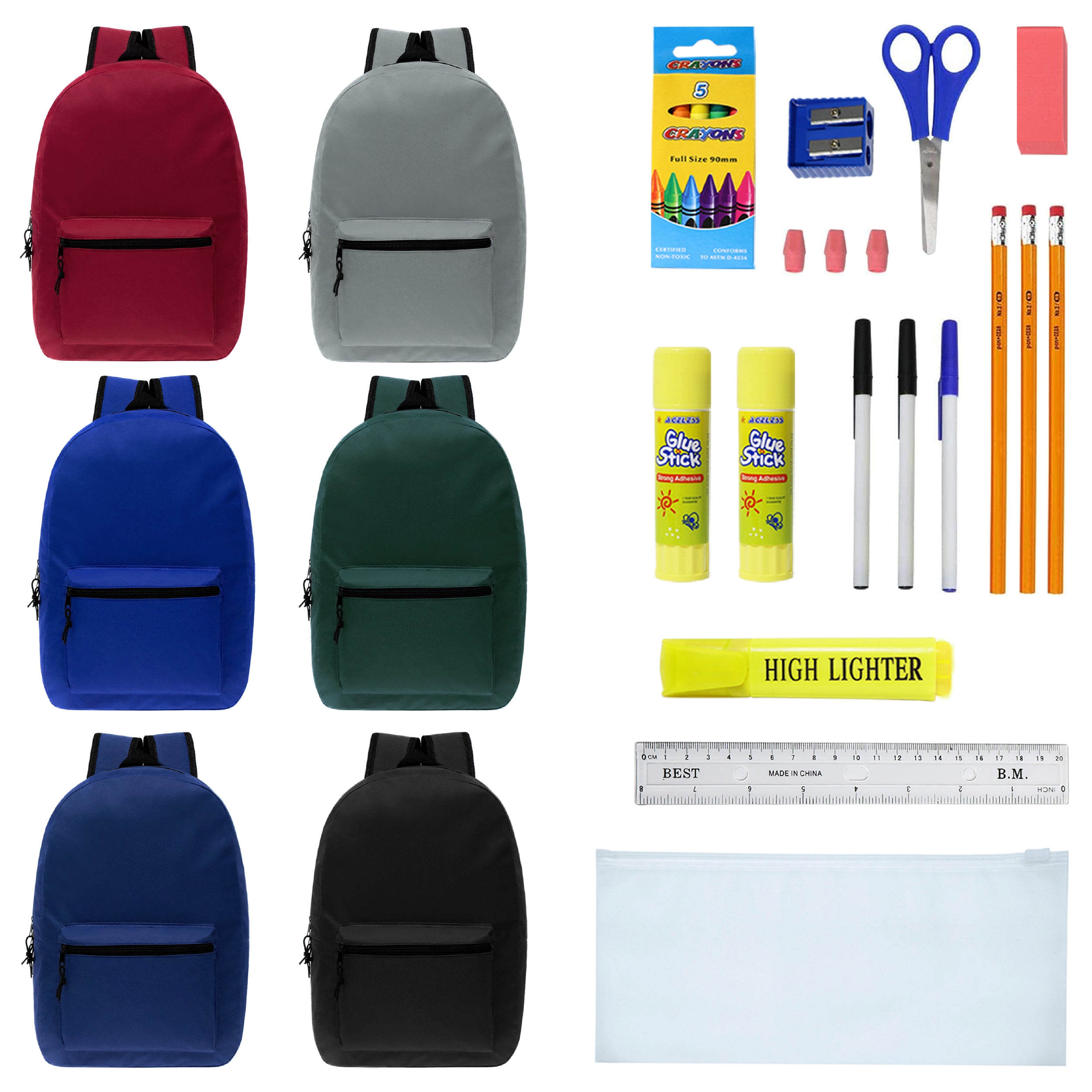 15" Bulk Backpacks with 22 Piece School Supply Kits - Case of 24 Wholesale Backpacks in 6 Assorted Colors