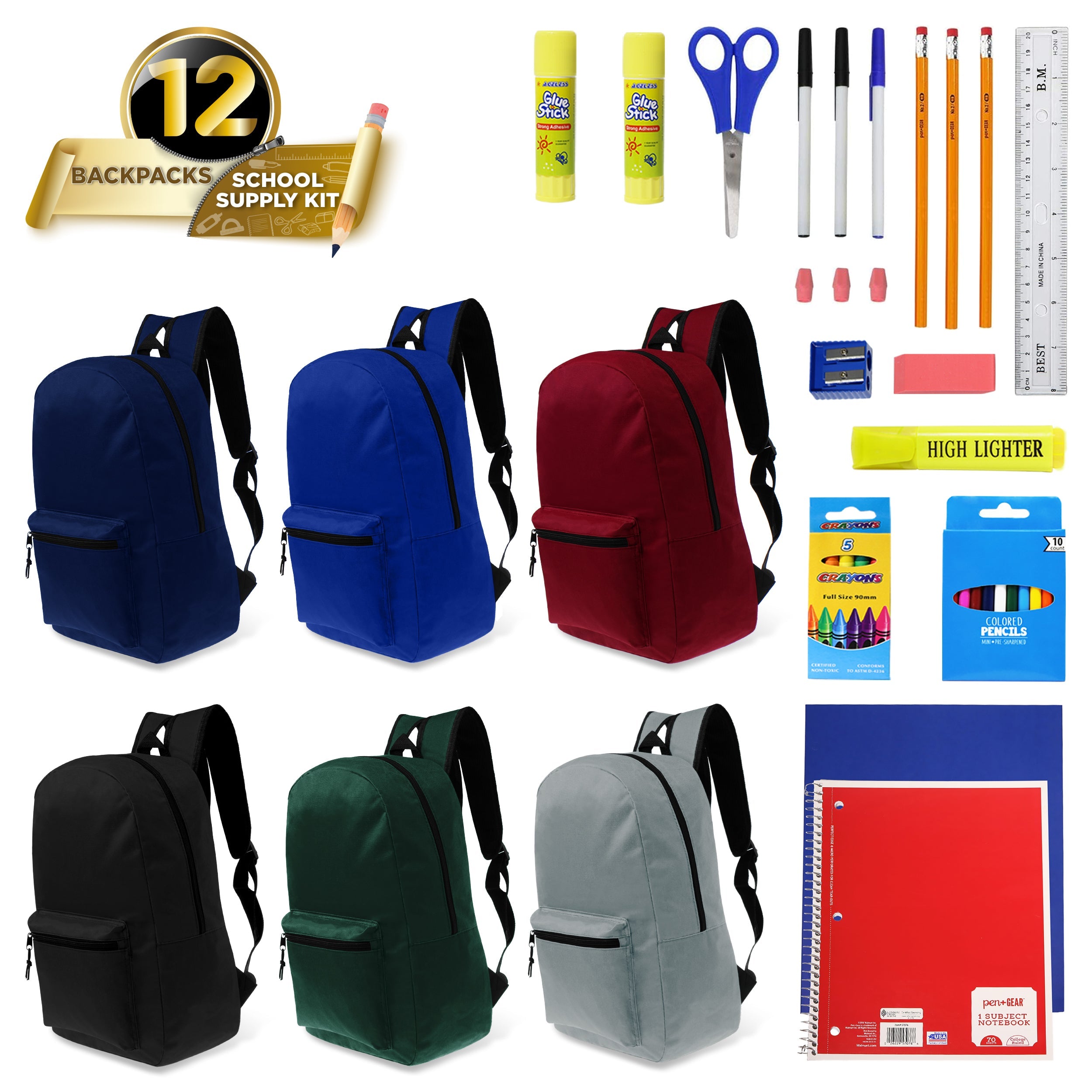 12 Wholesale Classic 15" Backpacks in Assorted Colors and 12 Bulk School Supply Kits of Your Choice