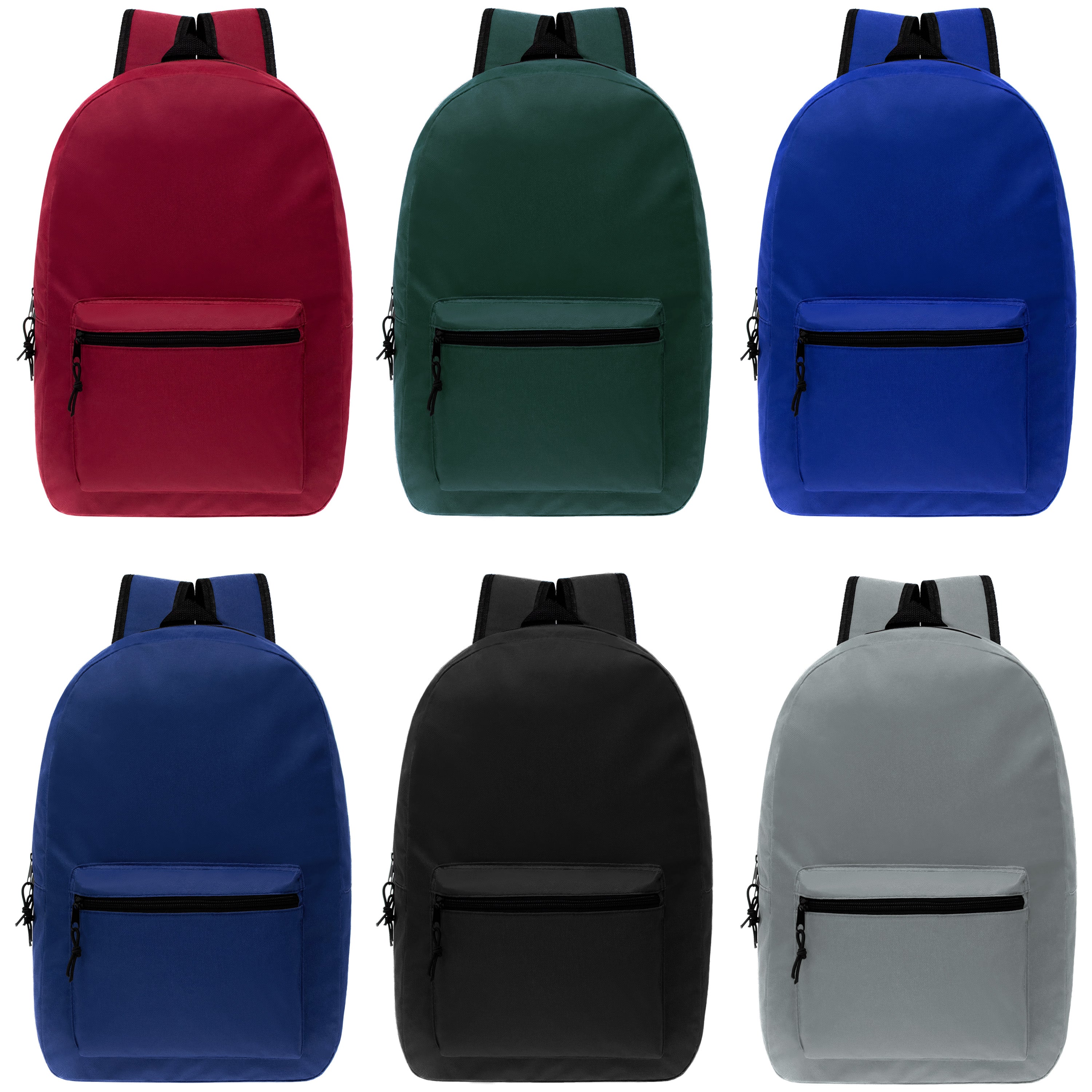 15" Bulk Backpacks with 22 Piece School Supply Kits - Case of 24 Wholesale Backpacks in 6 Assorted Colors