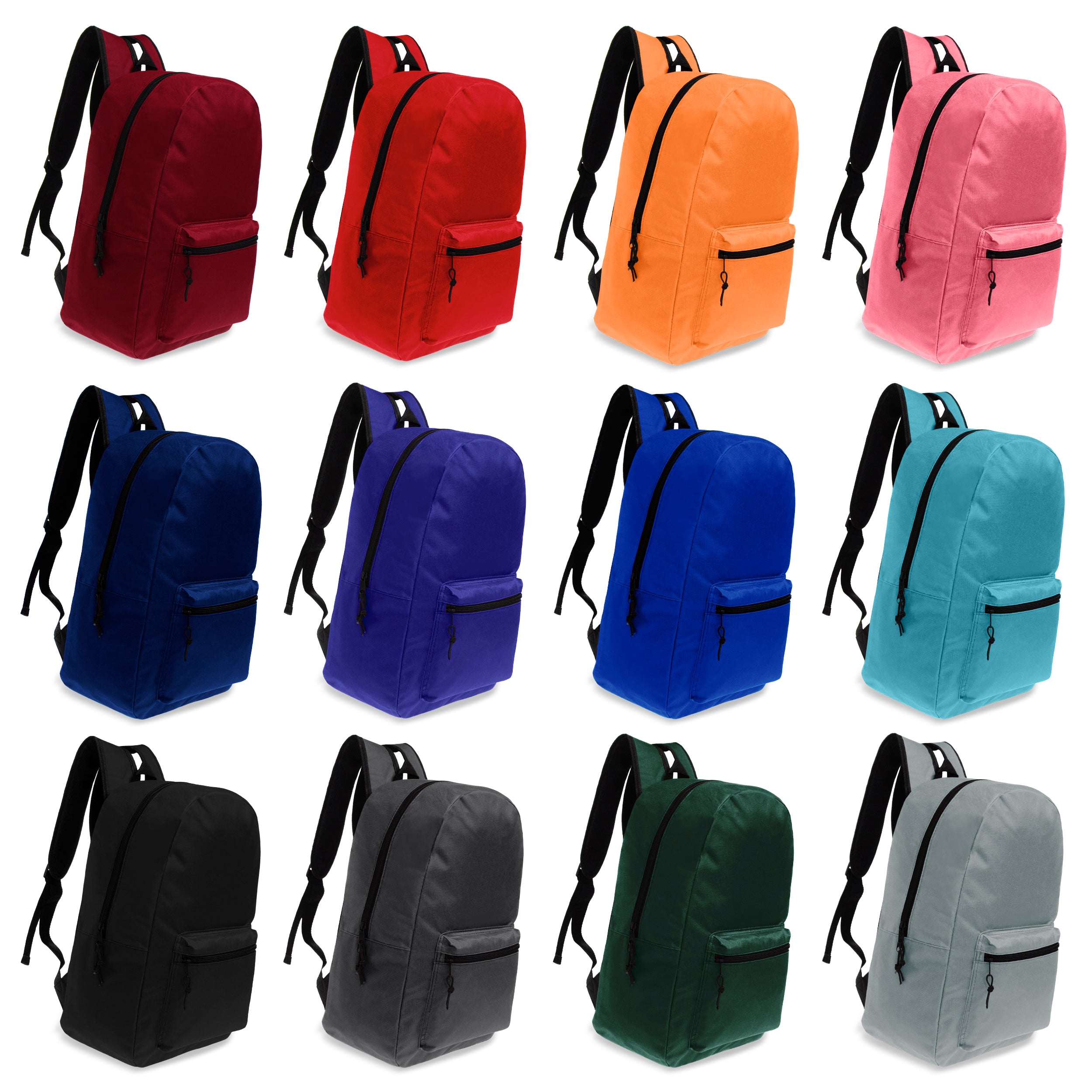 17" Bulk Backpacks in 12 Assorted Colors with 52 Piece School Supply Kits - Case of 12 Backpacks, 12 Kits