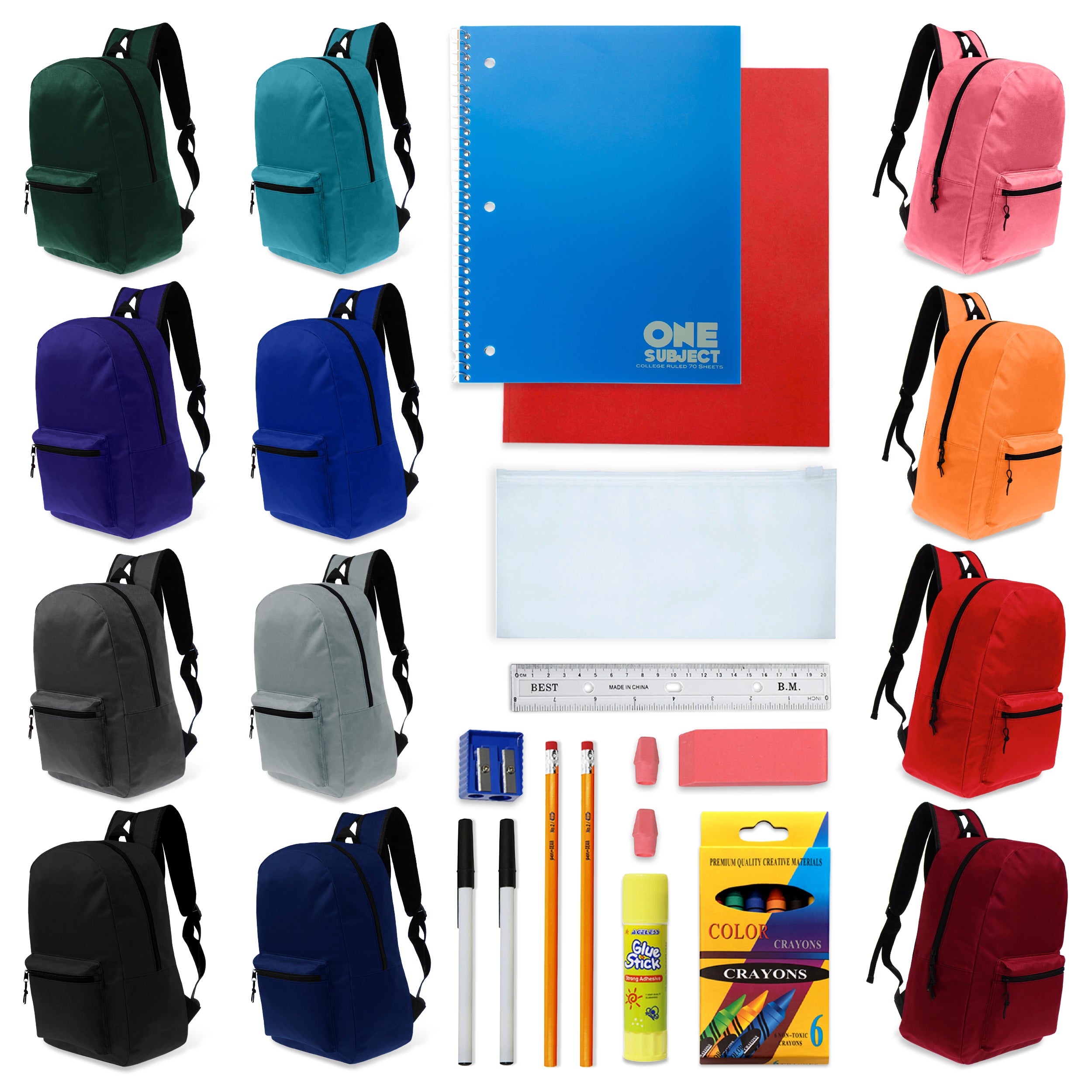 17" Backpacks with 18 Piece School Supply Kit - Bulk Case of 24 Wholesale Backpacks in 12 Assorted Colors