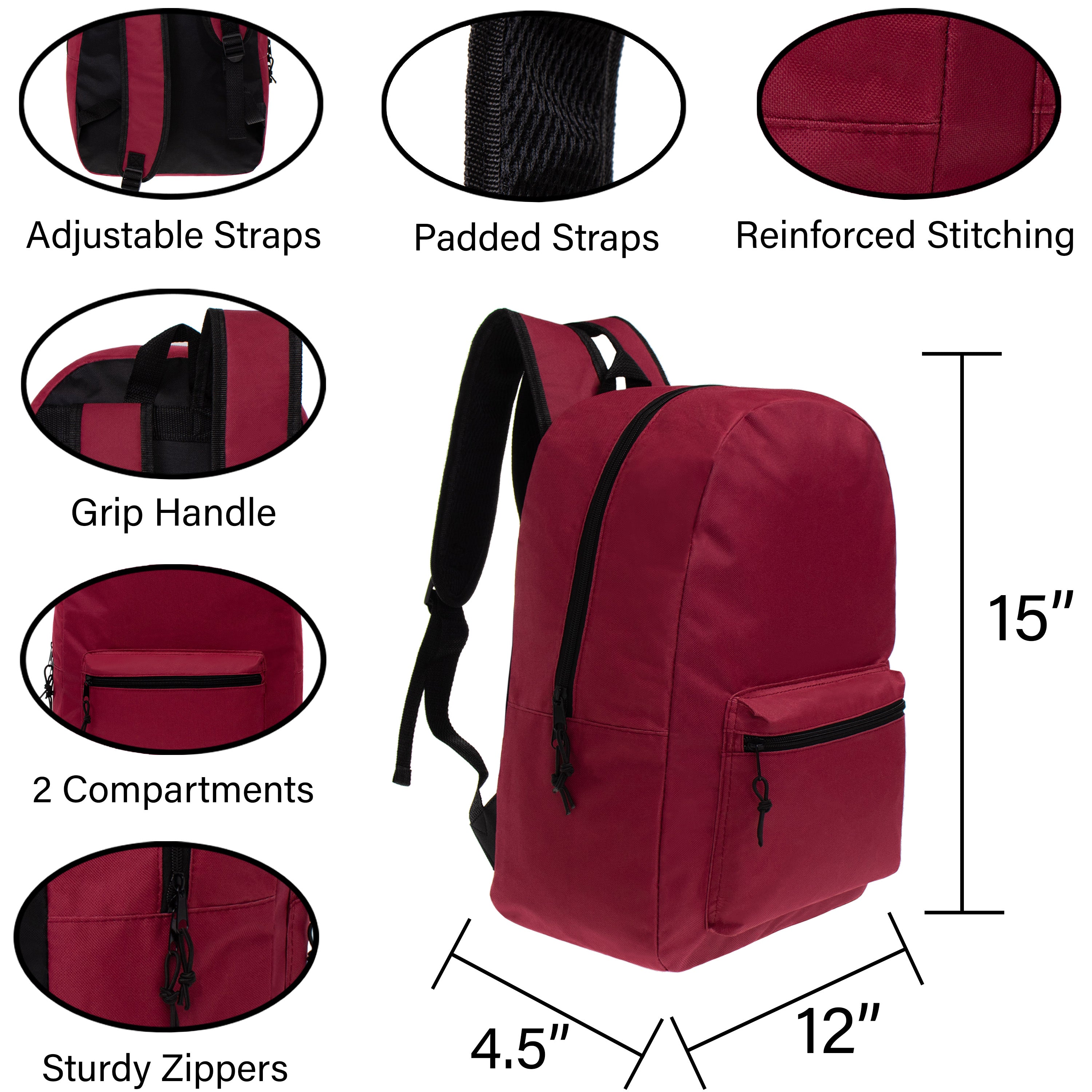 15" Bulk Backpacks in 12 Assorted Colors with 52 Piece School Supply Kits - Case of 12 Backpacks, 12 Kits