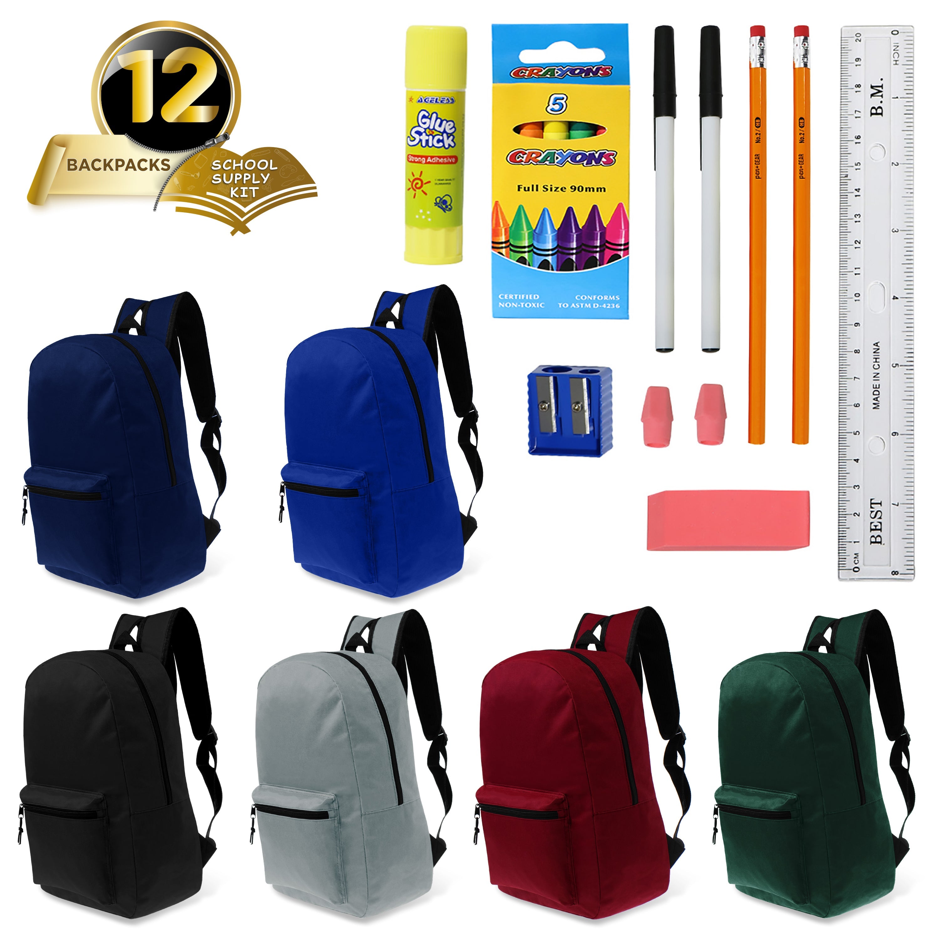 12 Wholesale Classic 15" Backpacks in Assorted Colors and 12 Bulk School Supply Kits of Your Choice