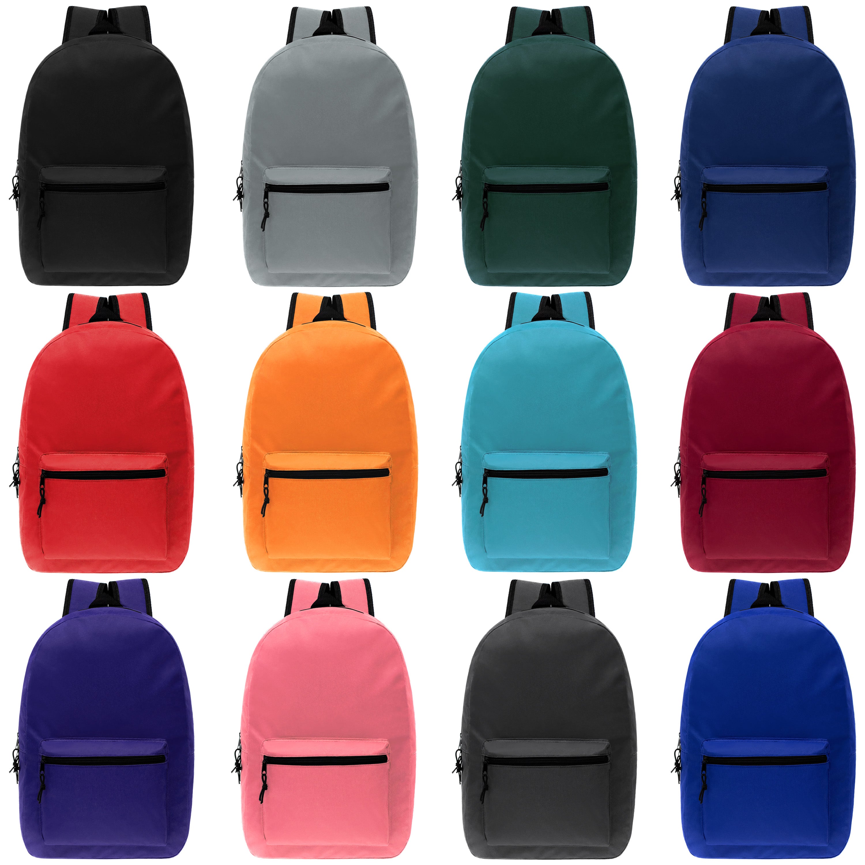 15" Backpacks with 22 Piece School Supply Kits - Case of 24 Wholesale Backpacks in 12 Assorted Colors