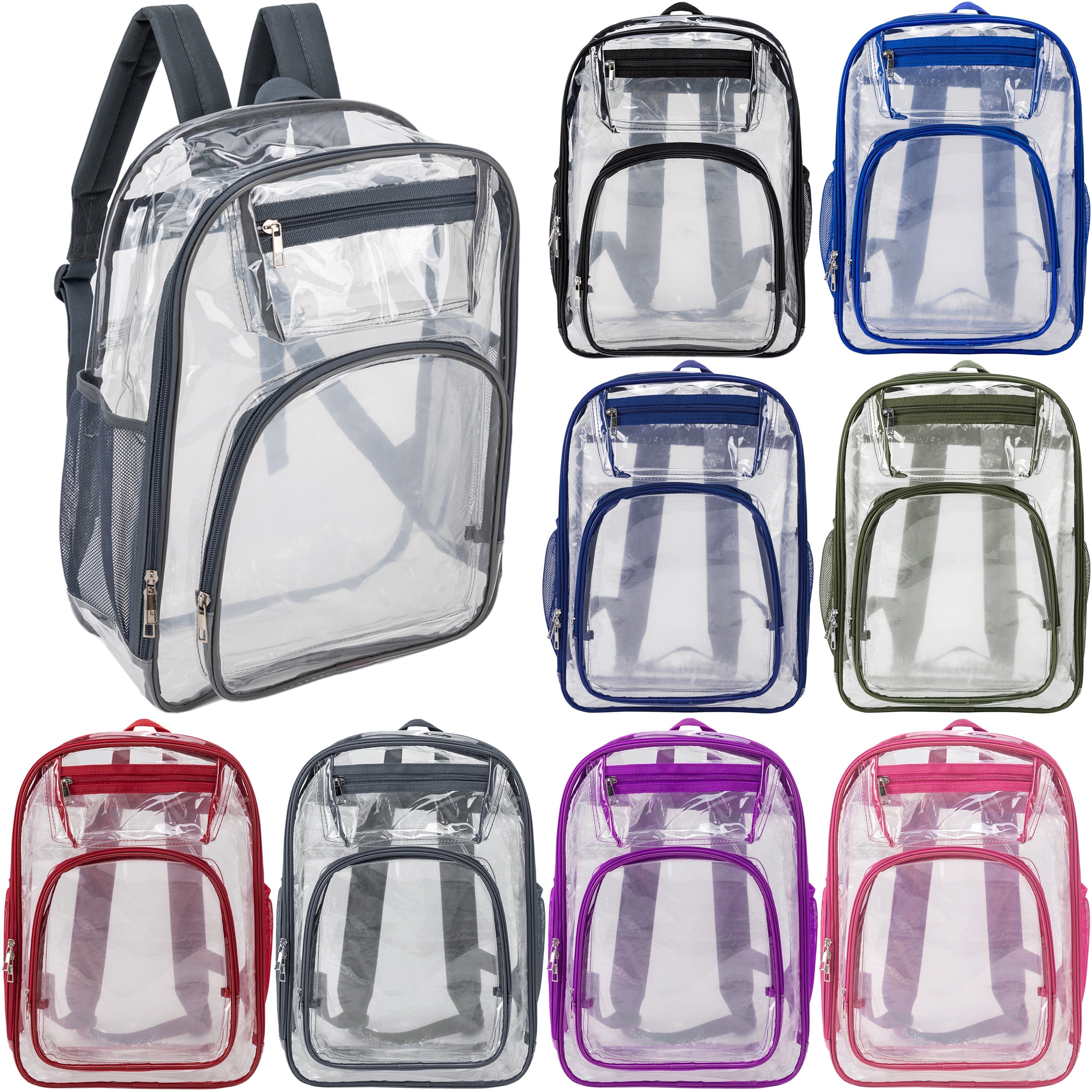 17" Premium Wholesale Clear Backpacks Assorted Colors - Bulk Case of 24 Transparent Bookbags