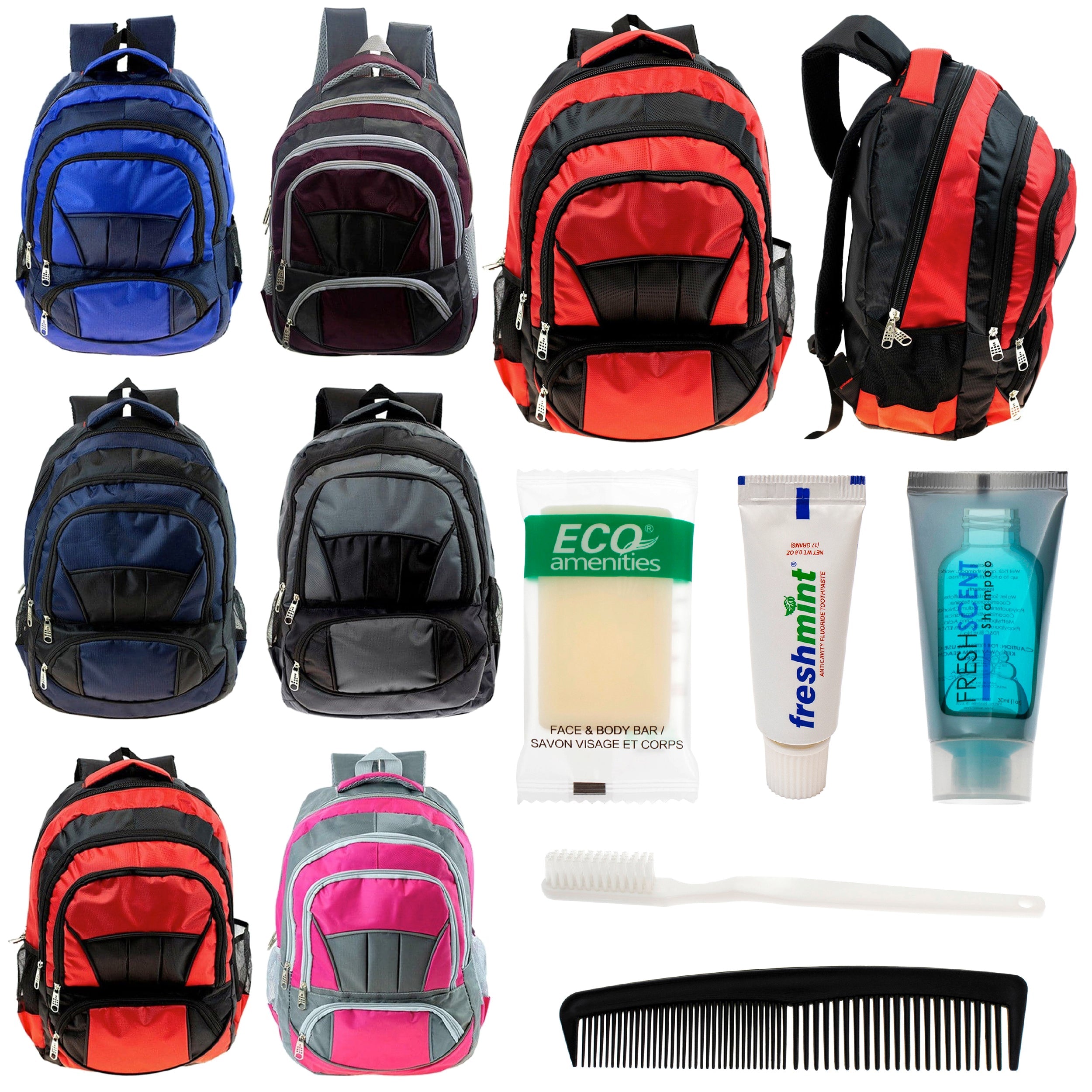 12 Premium 16" Fully Padded Backpacks & Your Choice of 12 Bulk Hygiene Kits - Wholesale Care Package: Homeless, Emergency, Charity