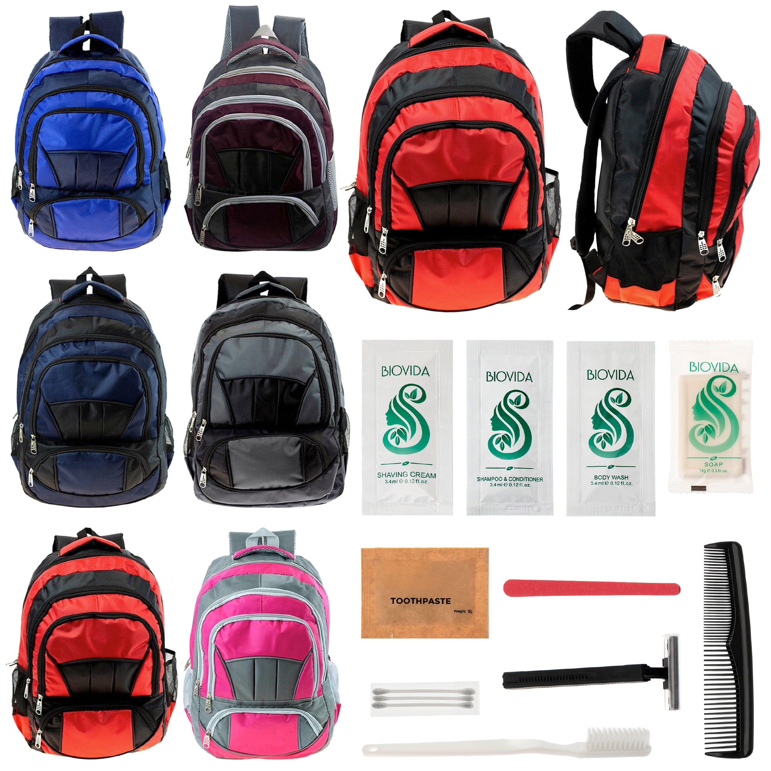 12 Premium 16" Fully Padded Backpacks & Your Choice of 12 Bulk Hygiene Kits - Wholesale Care Package: Homeless, Emergency, Charity