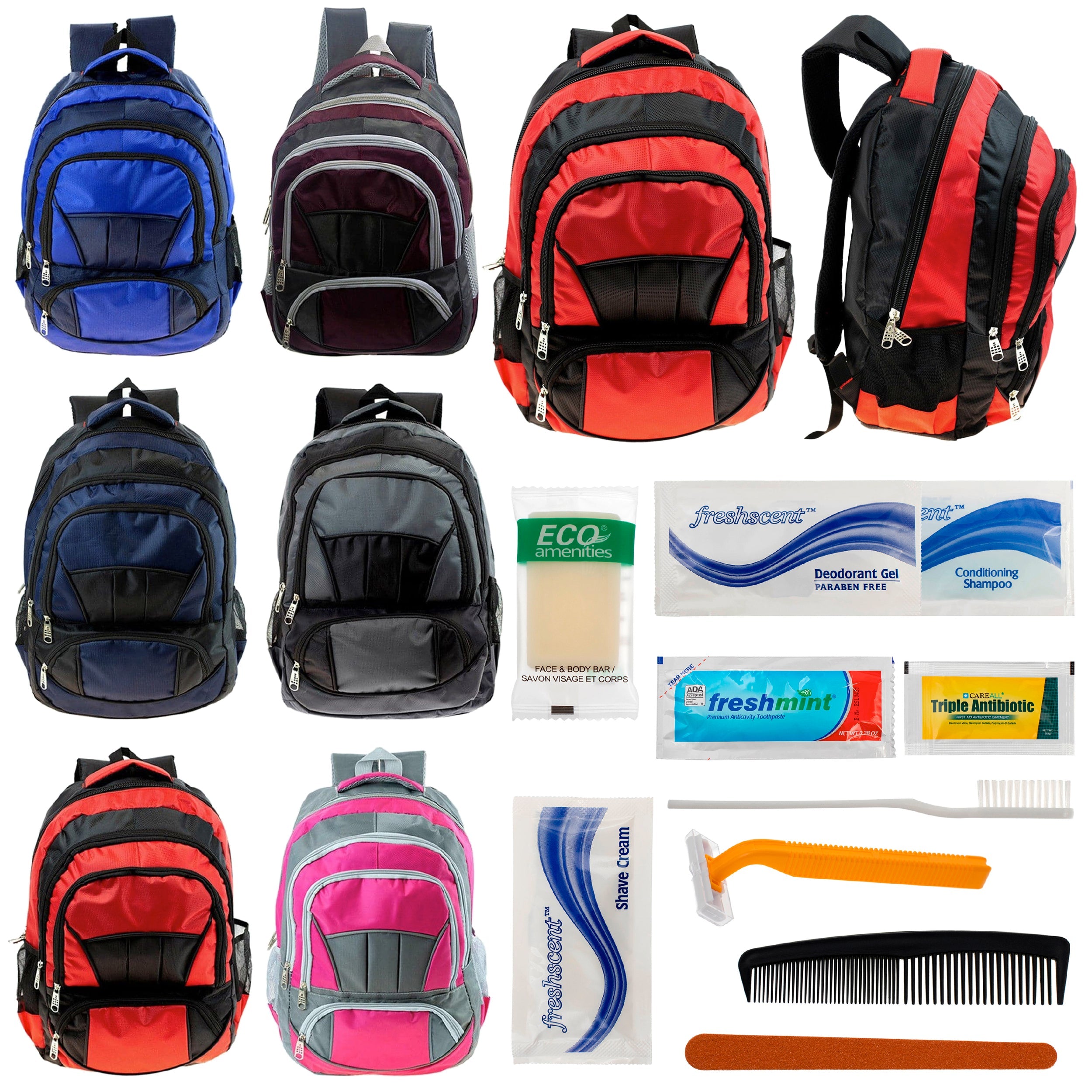 12 Premium 16" Fully Padded Backpacks & Your Choice of 12 Bulk Hygiene Kits - Wholesale Care Package: Homeless, Emergency, Charity