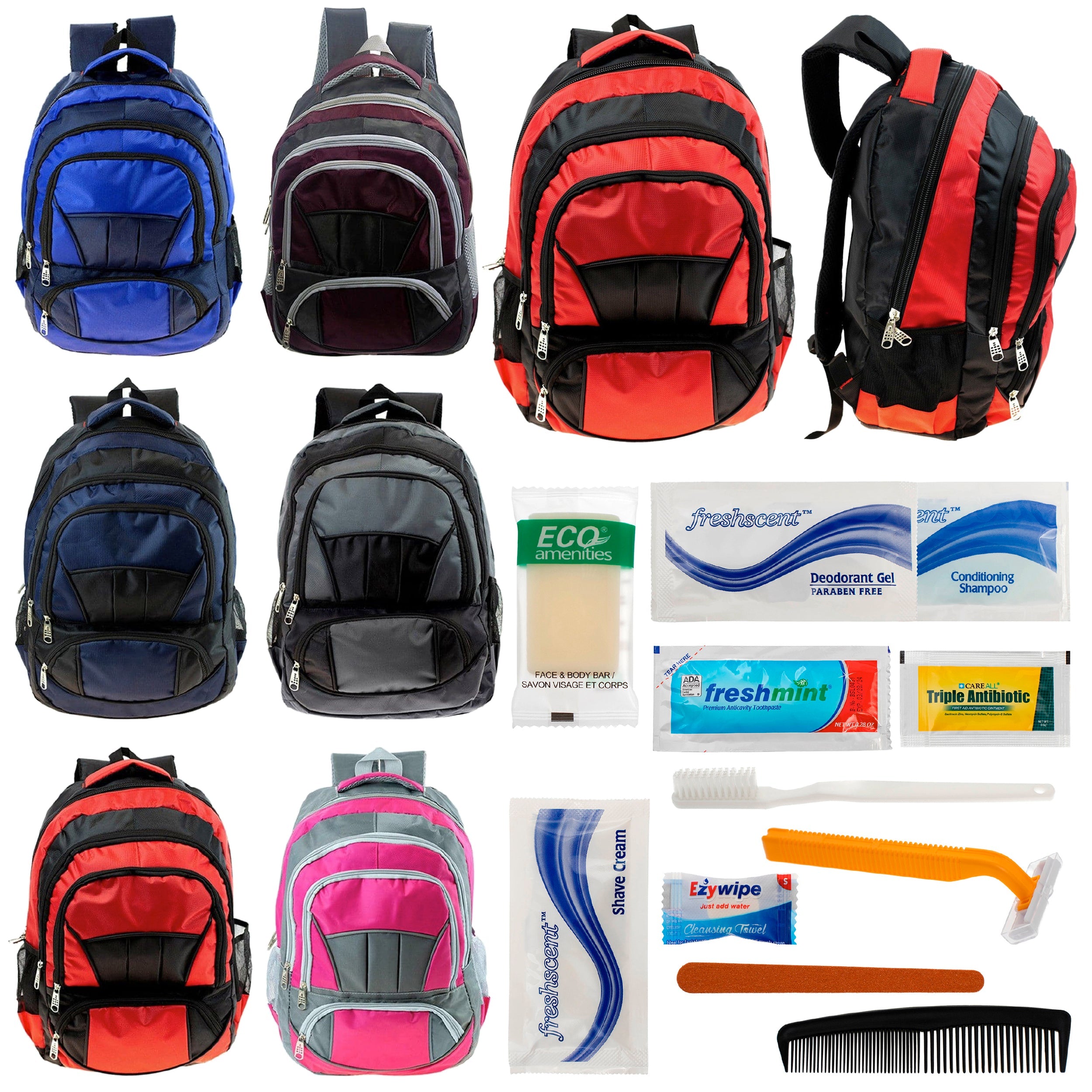 12 Premium 16" Fully Padded Backpacks & Your Choice of 12 Bulk Hygiene Kits - Wholesale Care Package: Homeless, Emergency, Charity