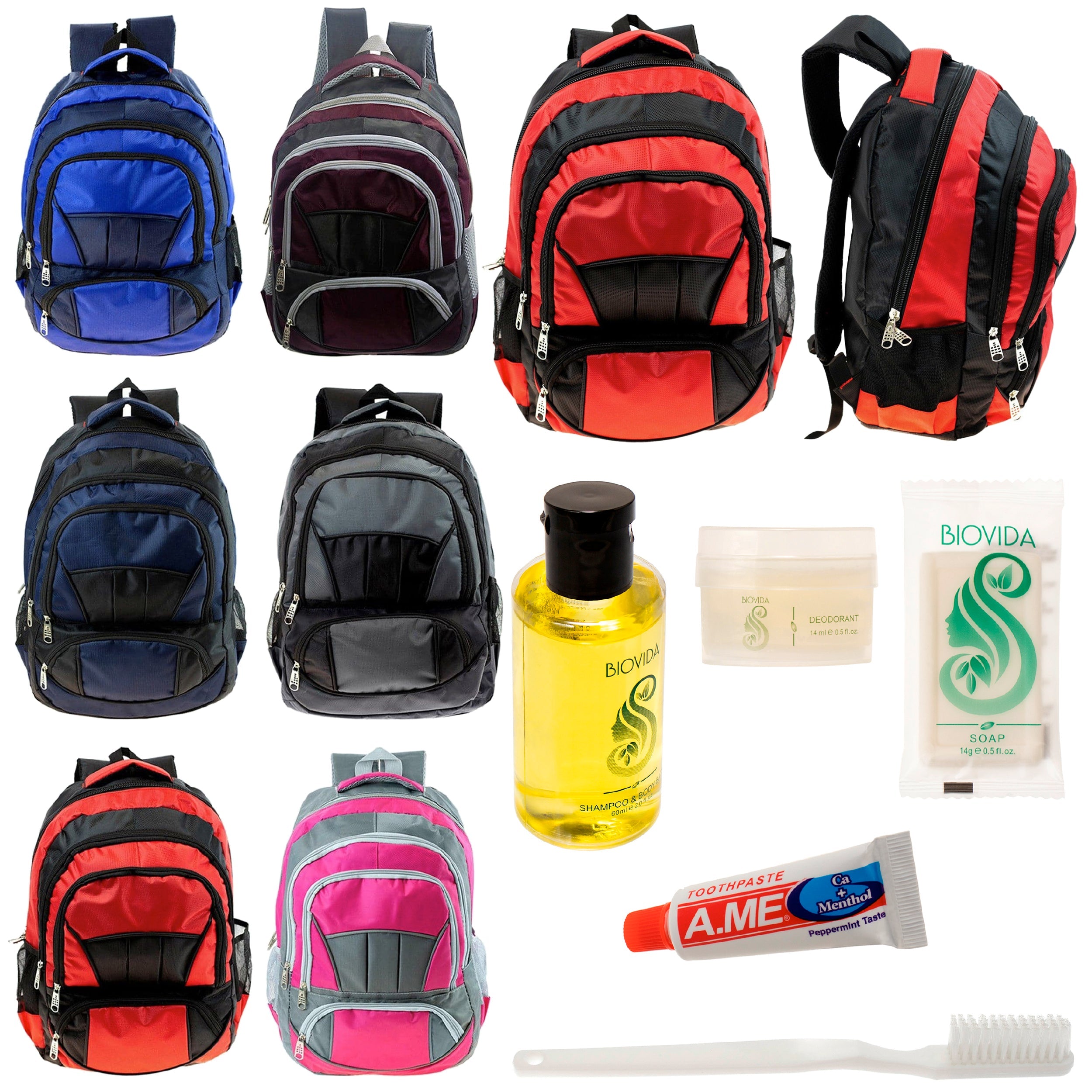 12 Premium 16" Fully Padded Backpacks & Your Choice of 12 Bulk Hygiene Kits - Wholesale Care Package: Homeless, Emergency, Charity