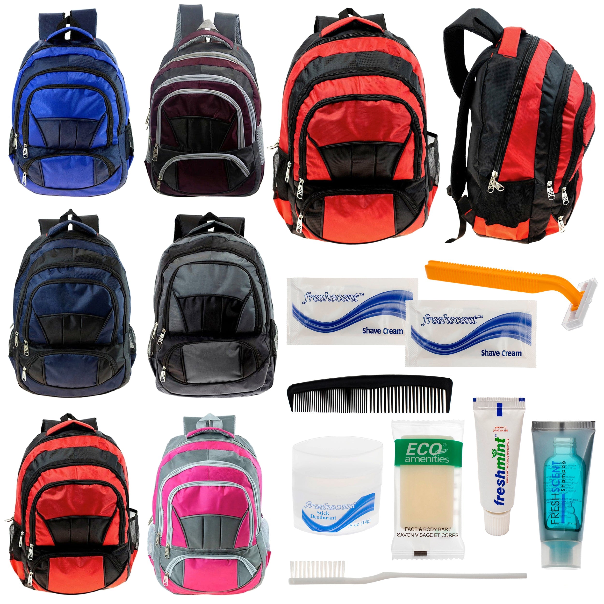 12 Premium 16" Fully Padded Backpacks & Your Choice of 12 Bulk Hygiene Kits - Wholesale Care Package: Homeless, Emergency, Charity