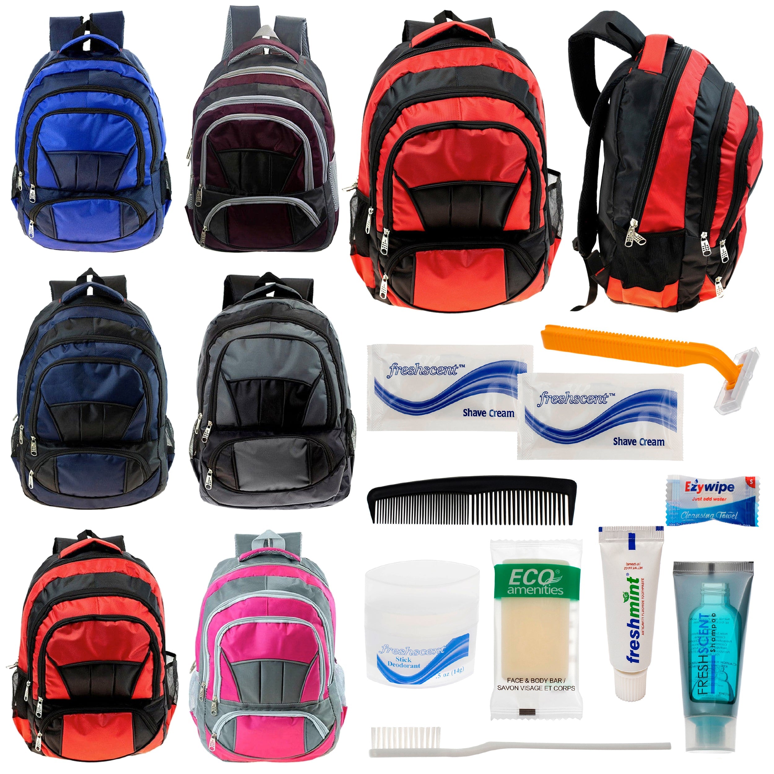 12 Premium 16" Fully Padded Backpacks & Your Choice of 12 Bulk Hygiene Kits - Wholesale Care Package: Homeless, Emergency, Charity