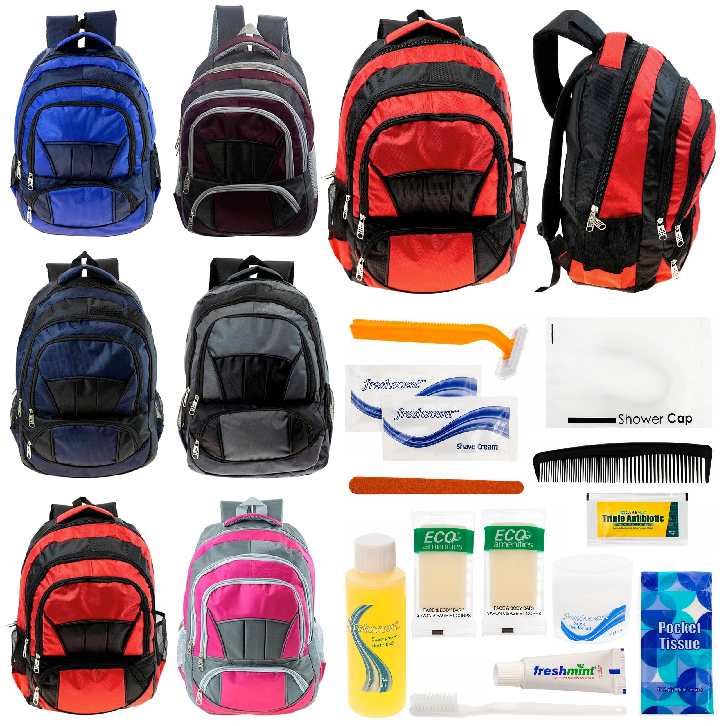 12 Premium 16" Fully Padded Backpacks & Your Choice of 12 Bulk Hygiene Kits - Wholesale Care Package: Homeless, Emergency, Charity