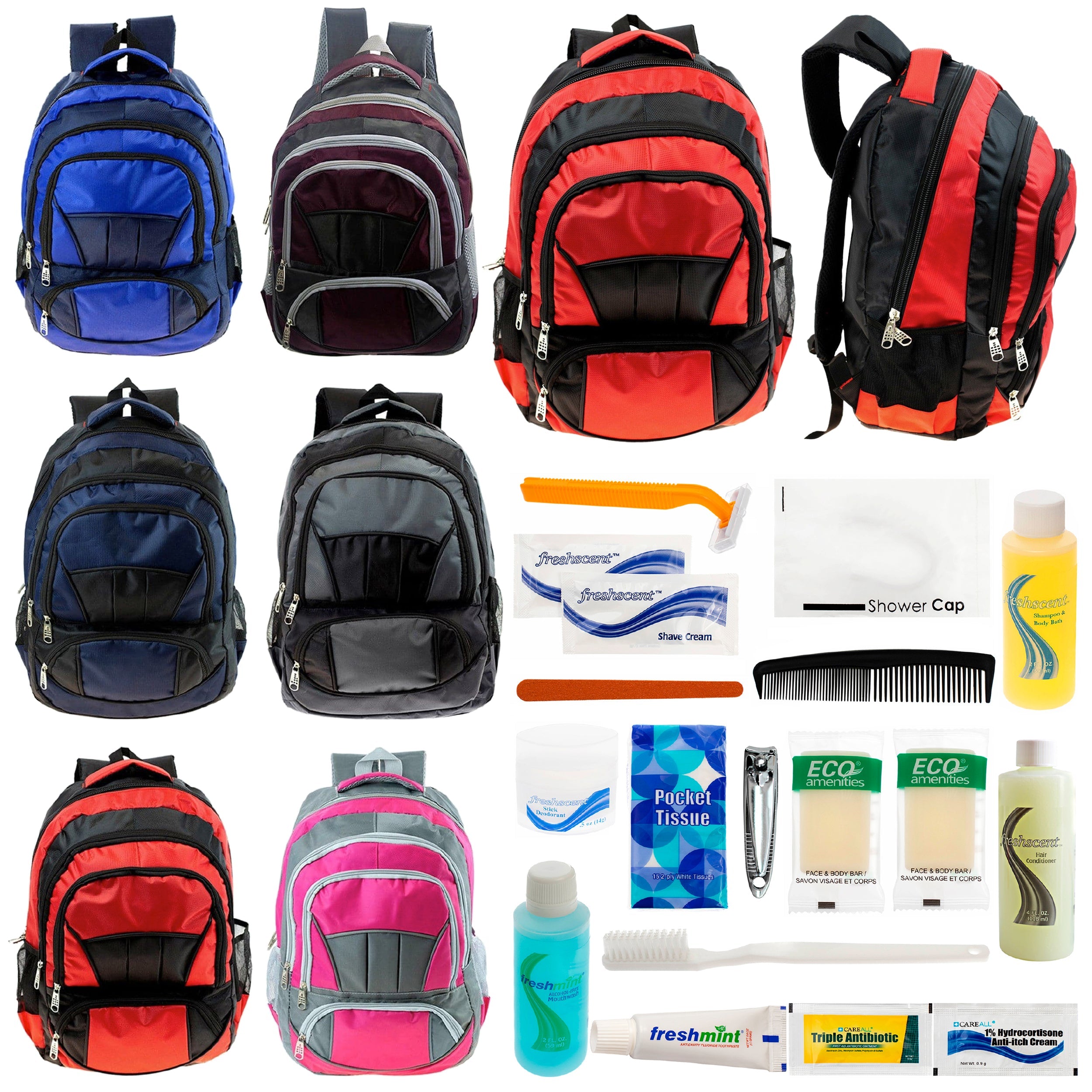 12 Premium 16" Fully Padded Backpacks & Your Choice of 12 Bulk Hygiene Kits - Wholesale Care Package: Homeless, Emergency, Charity