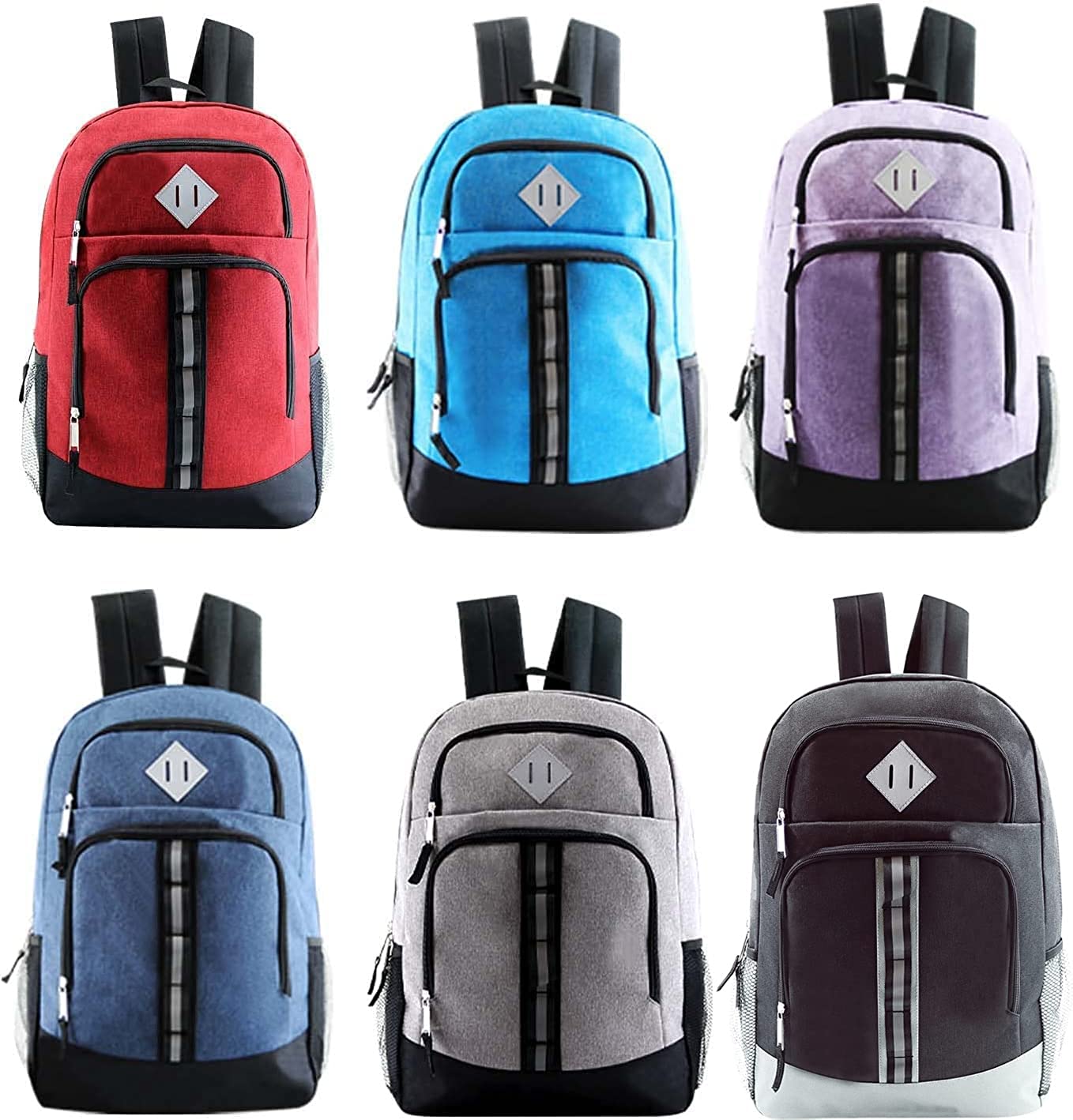 12 Deluxe 18" Backpacks in 6 Colors & Your Choice of 12 Bulk Hygiene Kits - Wholesale Care Package: Homeless, Emergency, Charity