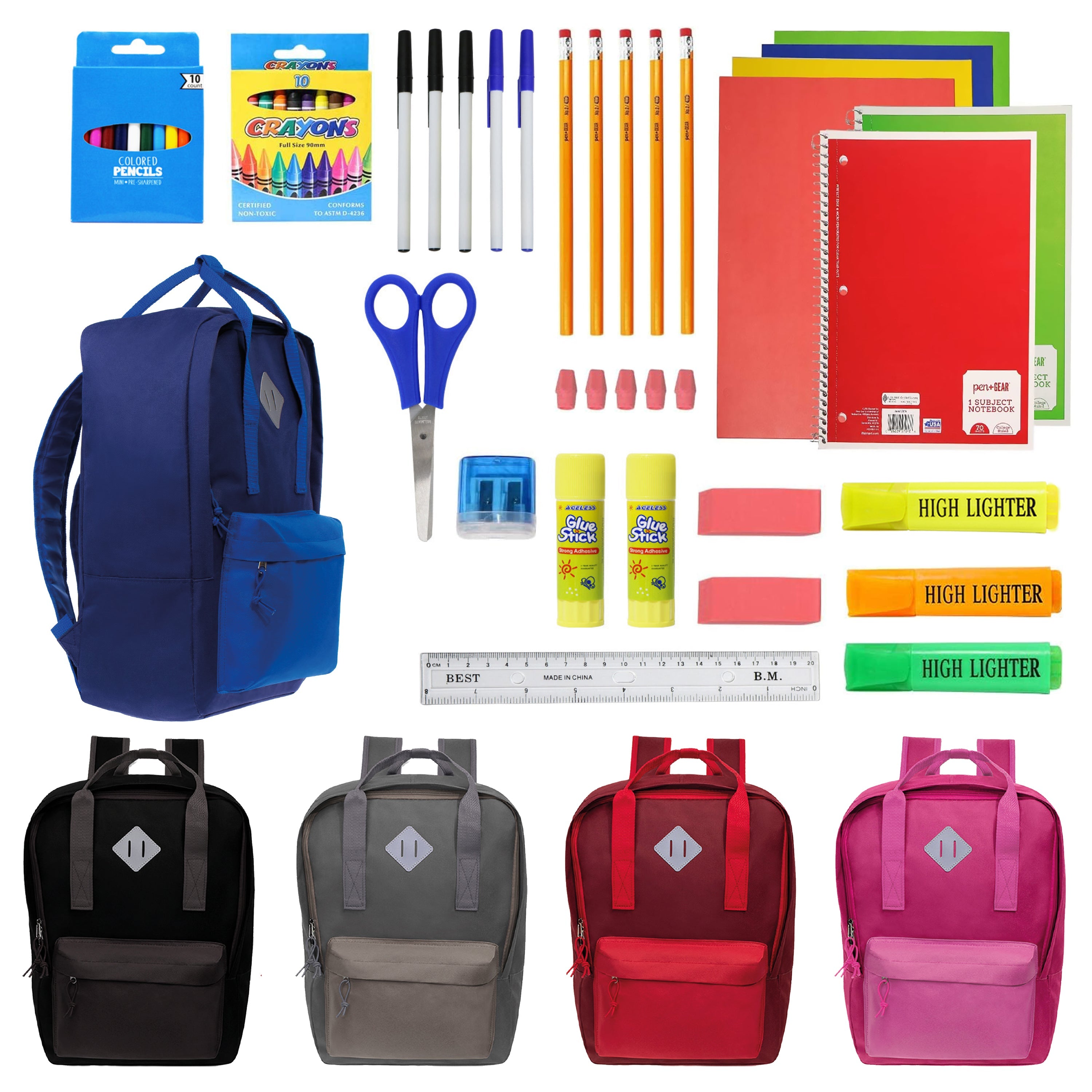 12 Multi Color Diamond Patch 17" Wholesale Backpacks and 12 Bulk School Supply Kits of Your Choice