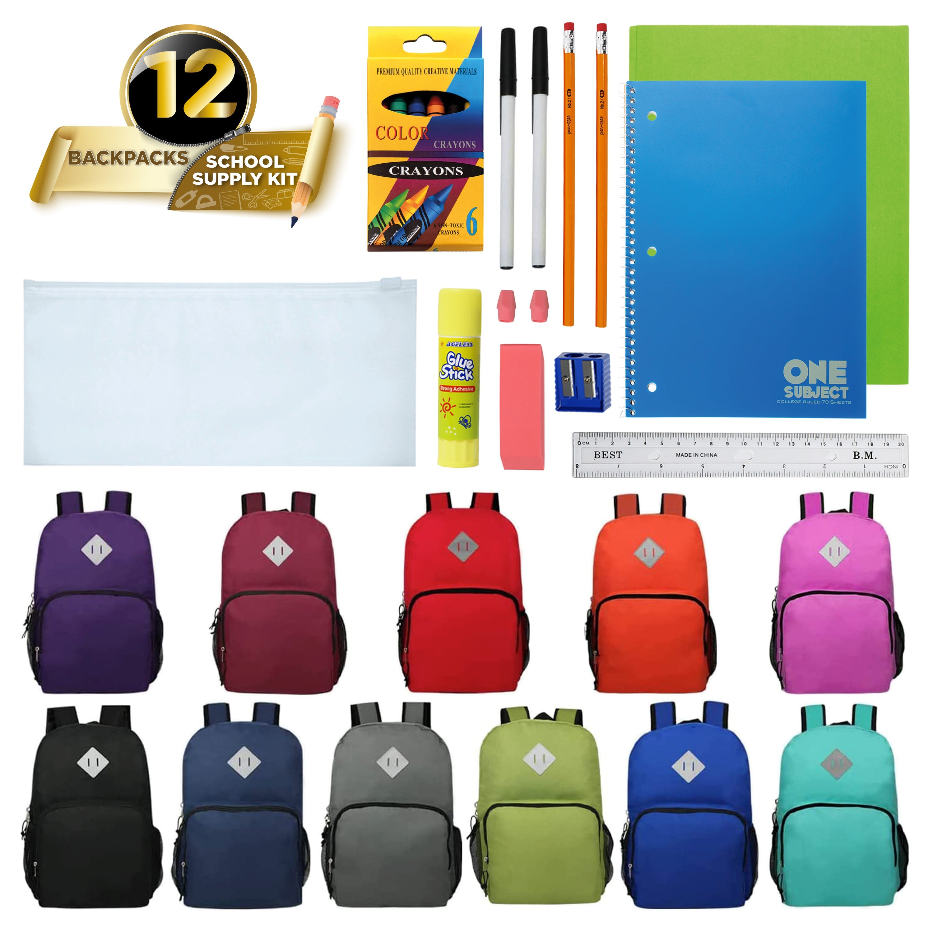 12 Wholesale 18" Deluxe Laptop Backpacks 12 Bulk School Supply Kits of Your Choice