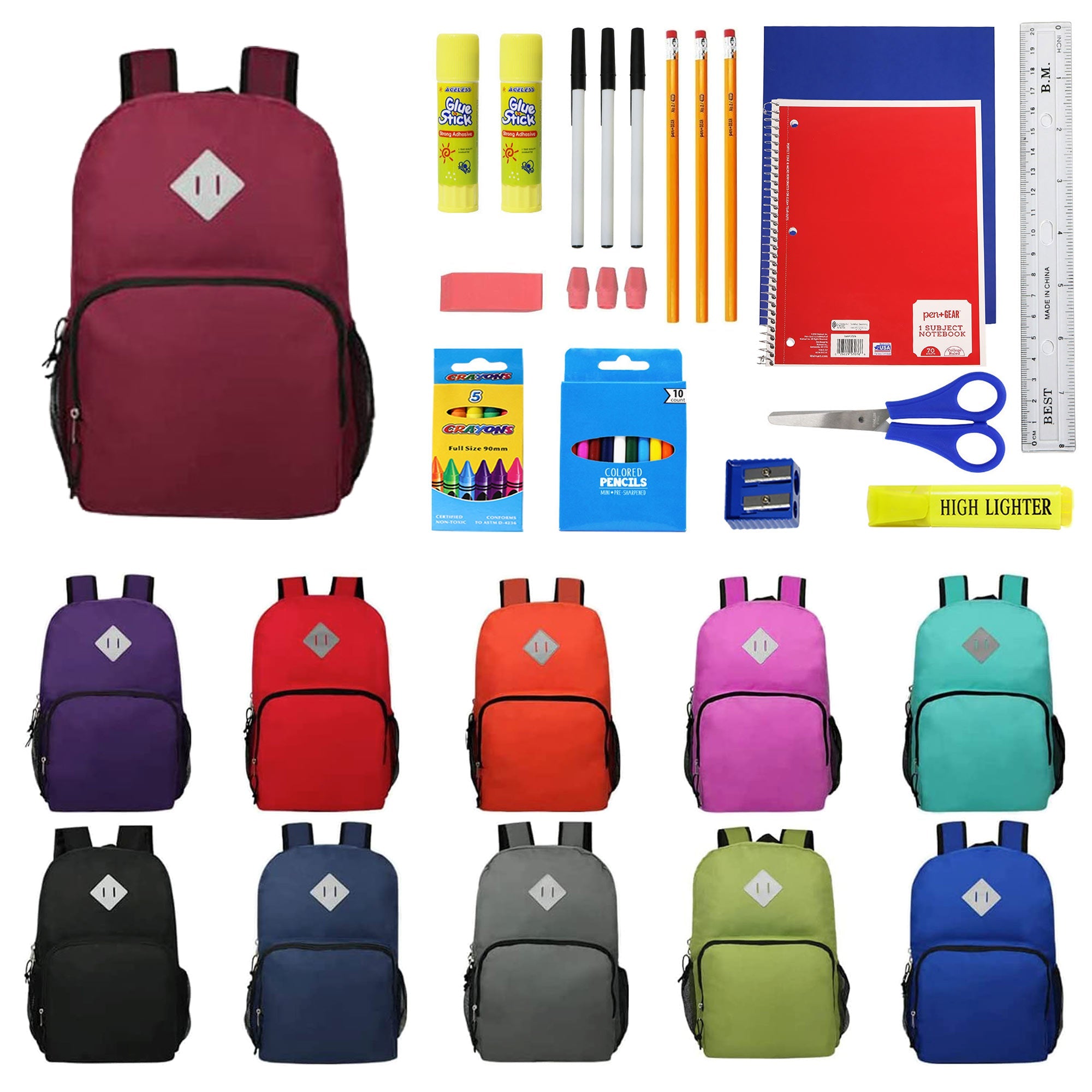 12 Wholesale 18" Deluxe Laptop Backpacks 12 Bulk School Supply Kits of Your Choice