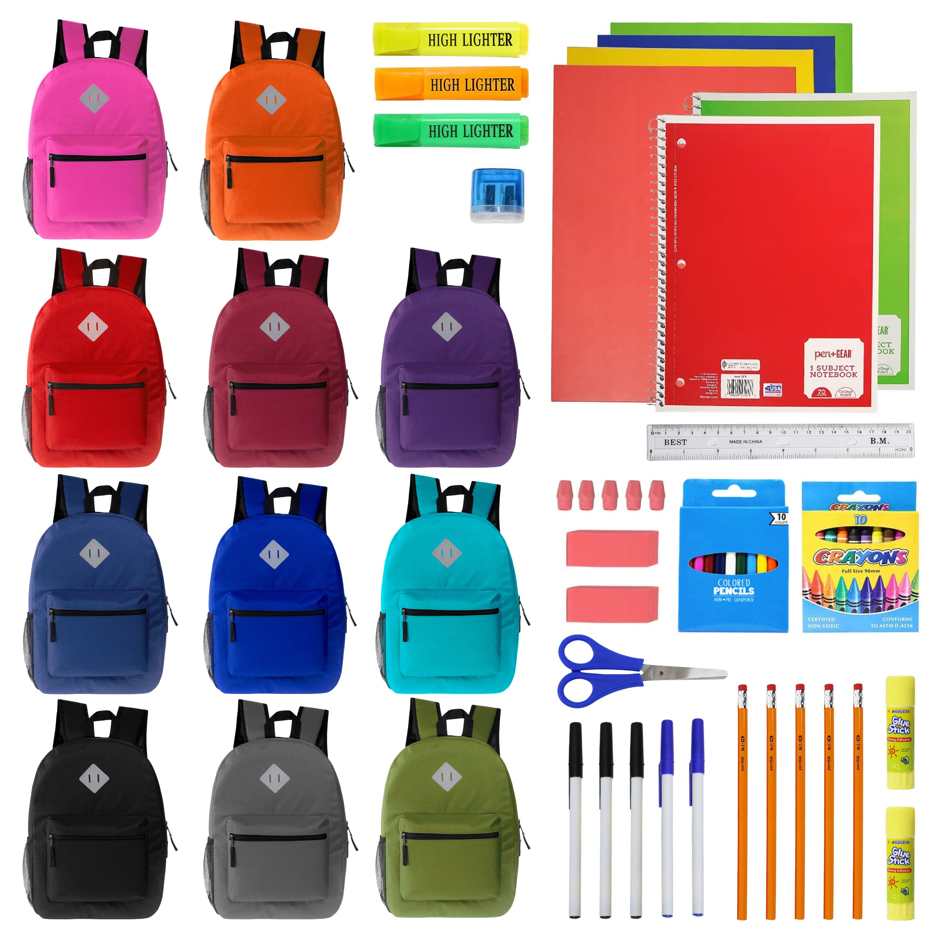 12 Wholesale 17" Diamond Patch Backpack in Assorted Colors & 12 Bulk School Supply Kits of Your Choice