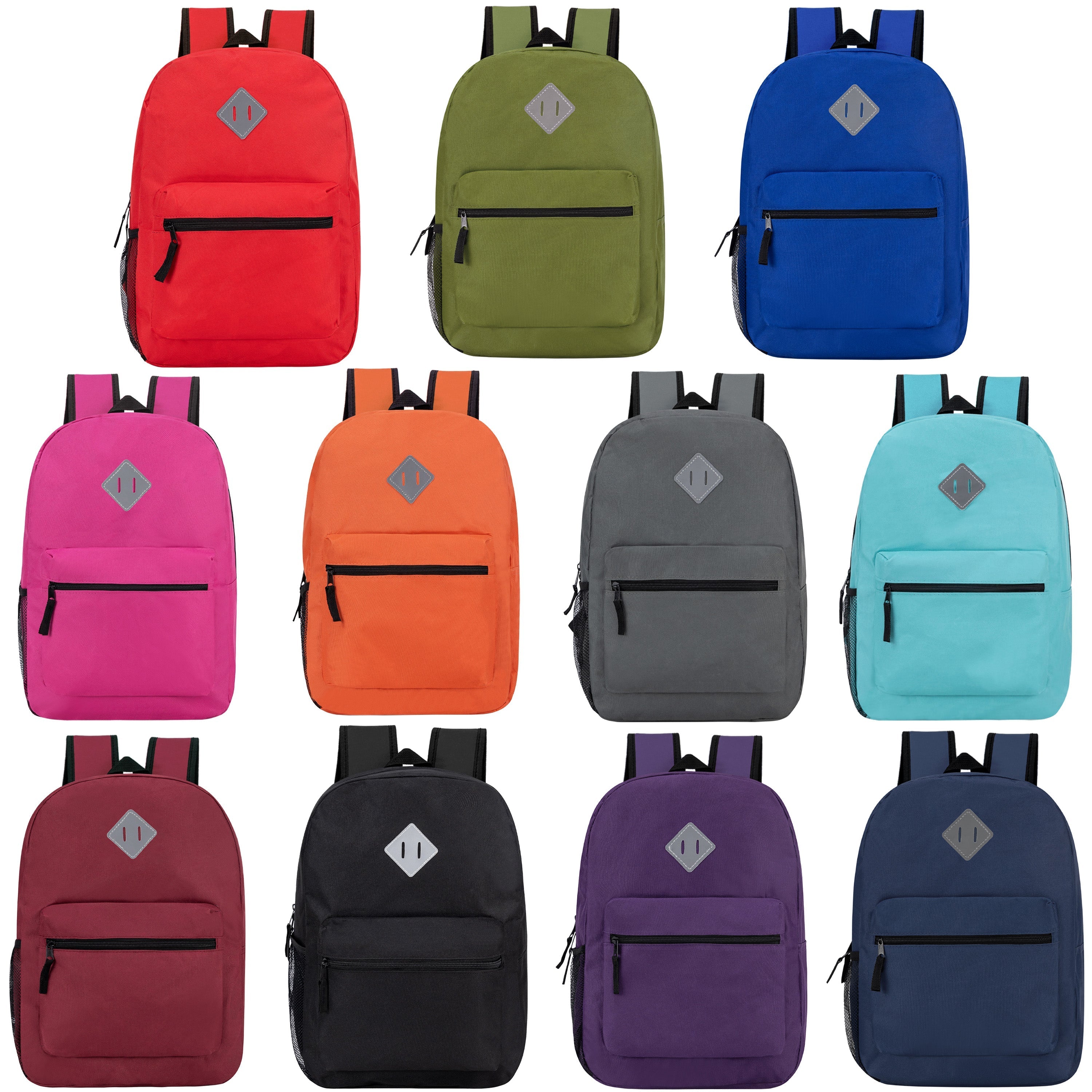 12 Diamond Patch 17" Backpacks in 11 Colors & Your Choice of 12 Bulk Hygiene Kits - Wholesale Care Package: Homeless, Emergency, Charity