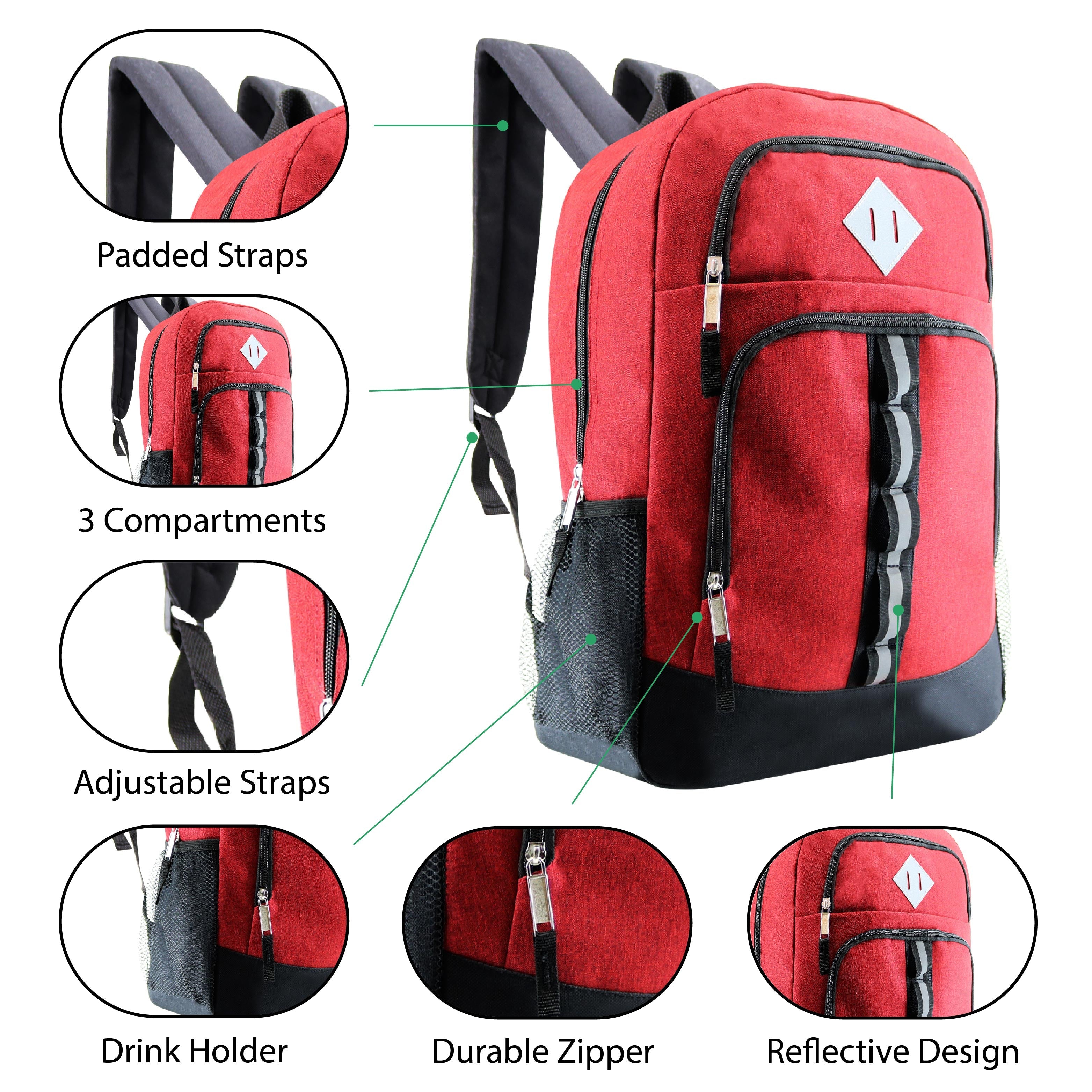 12 Deluxe 18" Backpacks in 6 Colors & Your Choice of 12 Bulk Hygiene Kits - Wholesale Care Package: Homeless, Emergency, Charity