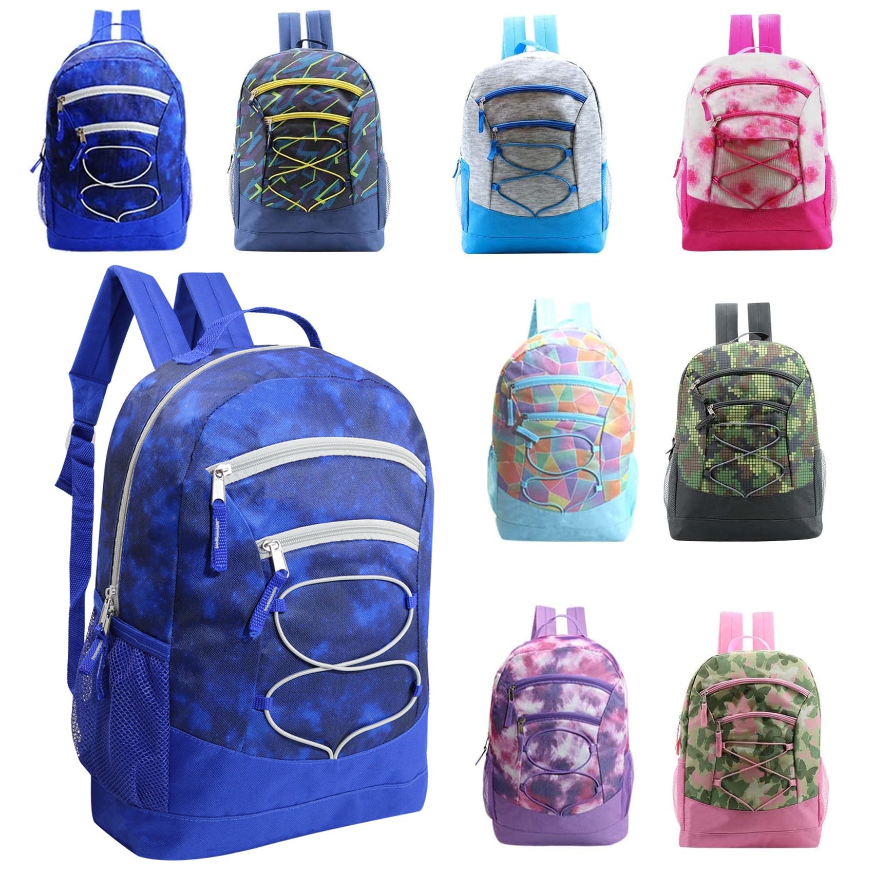 12 Multi-Color 17" Bungee Backpacks in Assorted Colors & 12 Bulk School Supply Kits of Your Choice