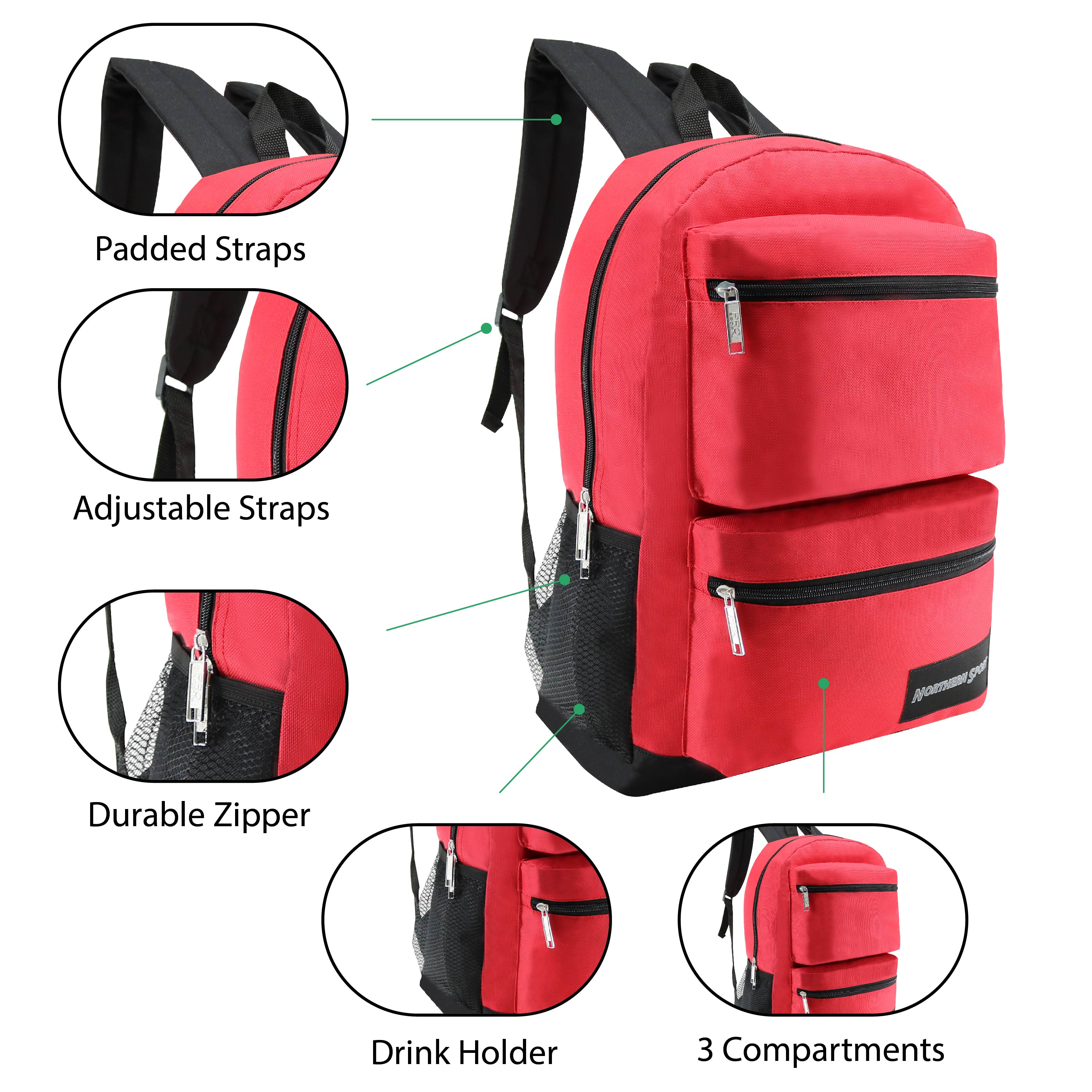 12 Wholesale Deluxe 17" 3 Compartment Backpacks and 12 Bulk School Supply Kits of Your Choice