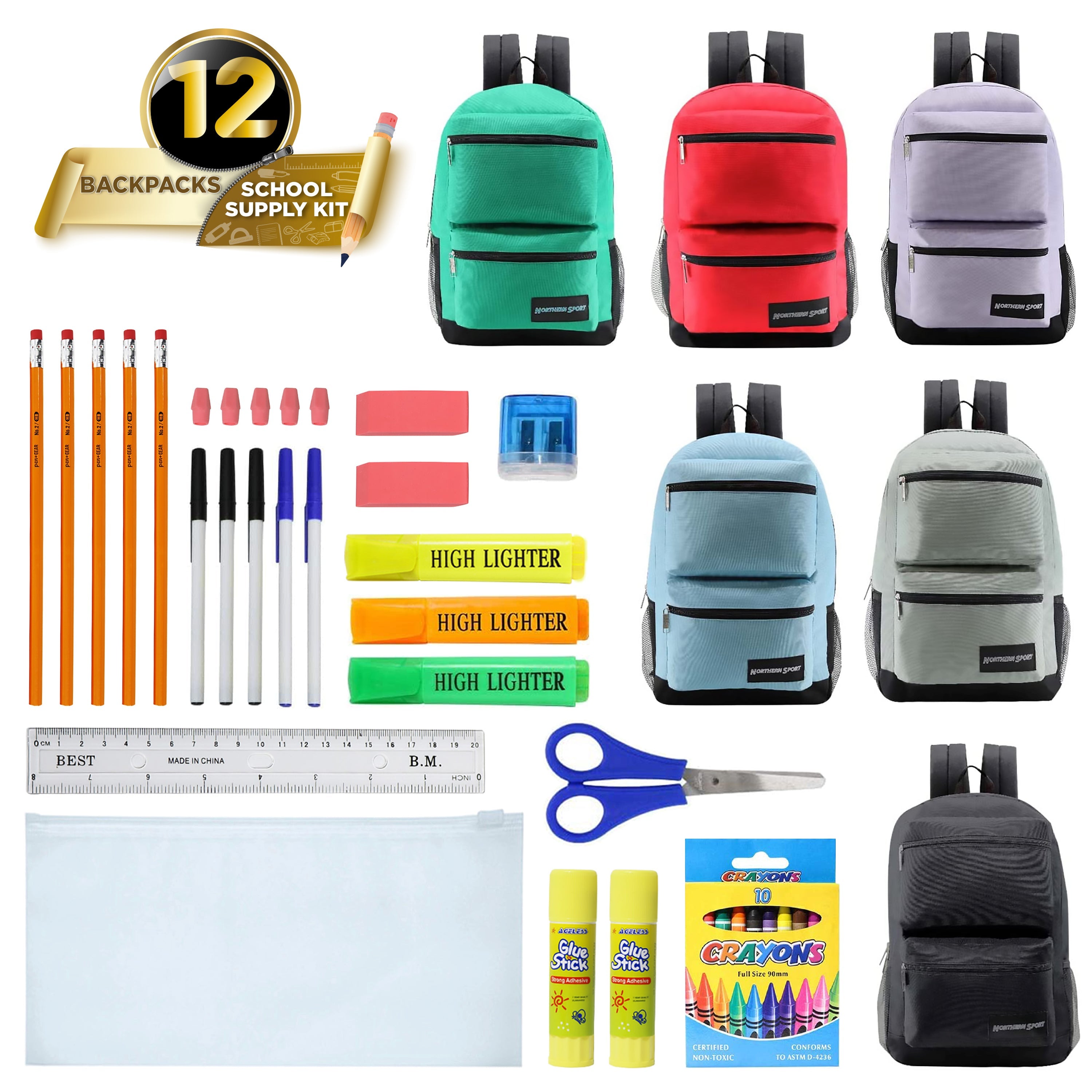 12 Wholesale Deluxe 17" 3 Compartment Backpacks and 12 Bulk School Supply Kits of Your Choice