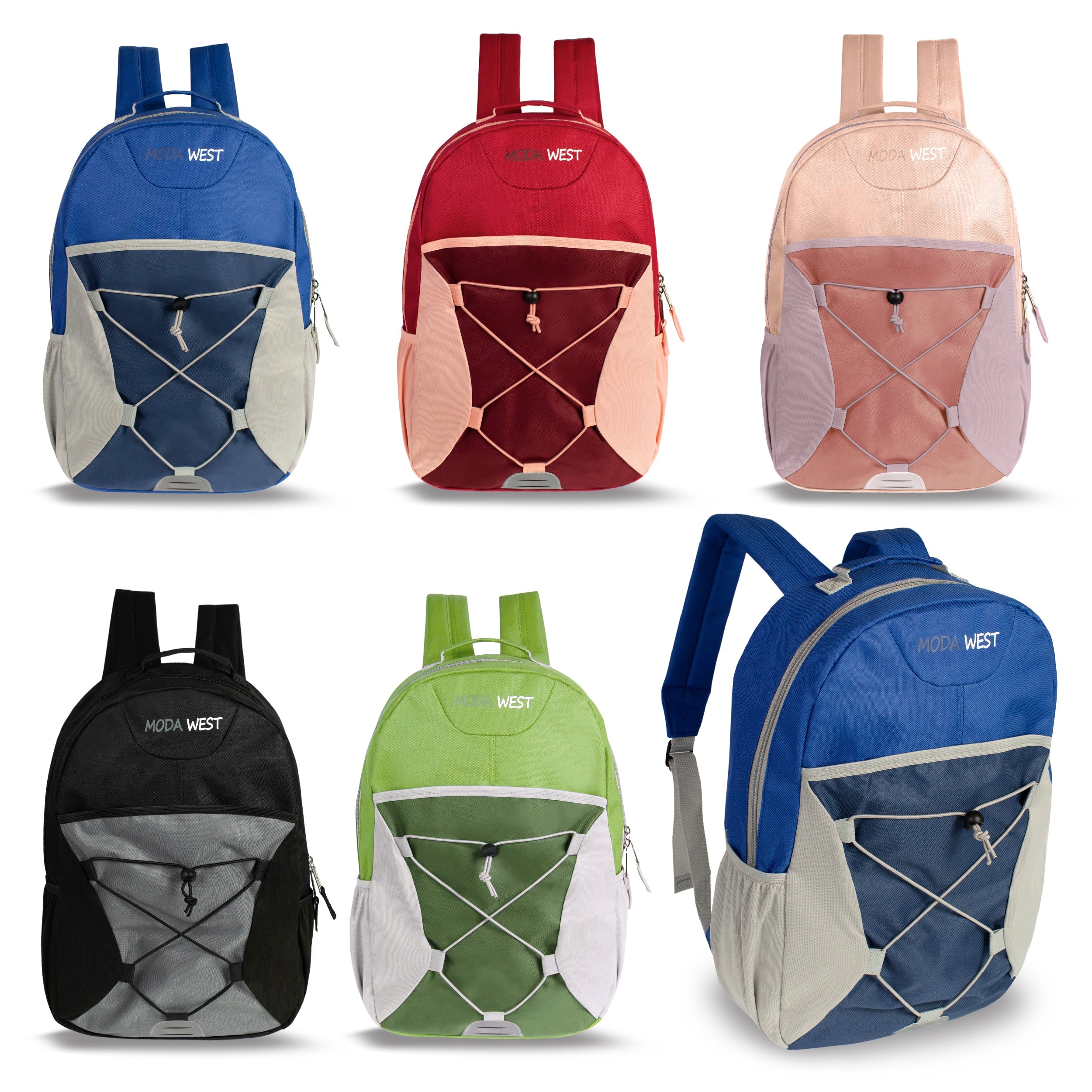 12 Bungee 17" Backpacks in 6 Color Combinations & Your Choice of 12 Bulk Hygiene Kits - Wholesale Care Package: Homeless, Emergency, Charity