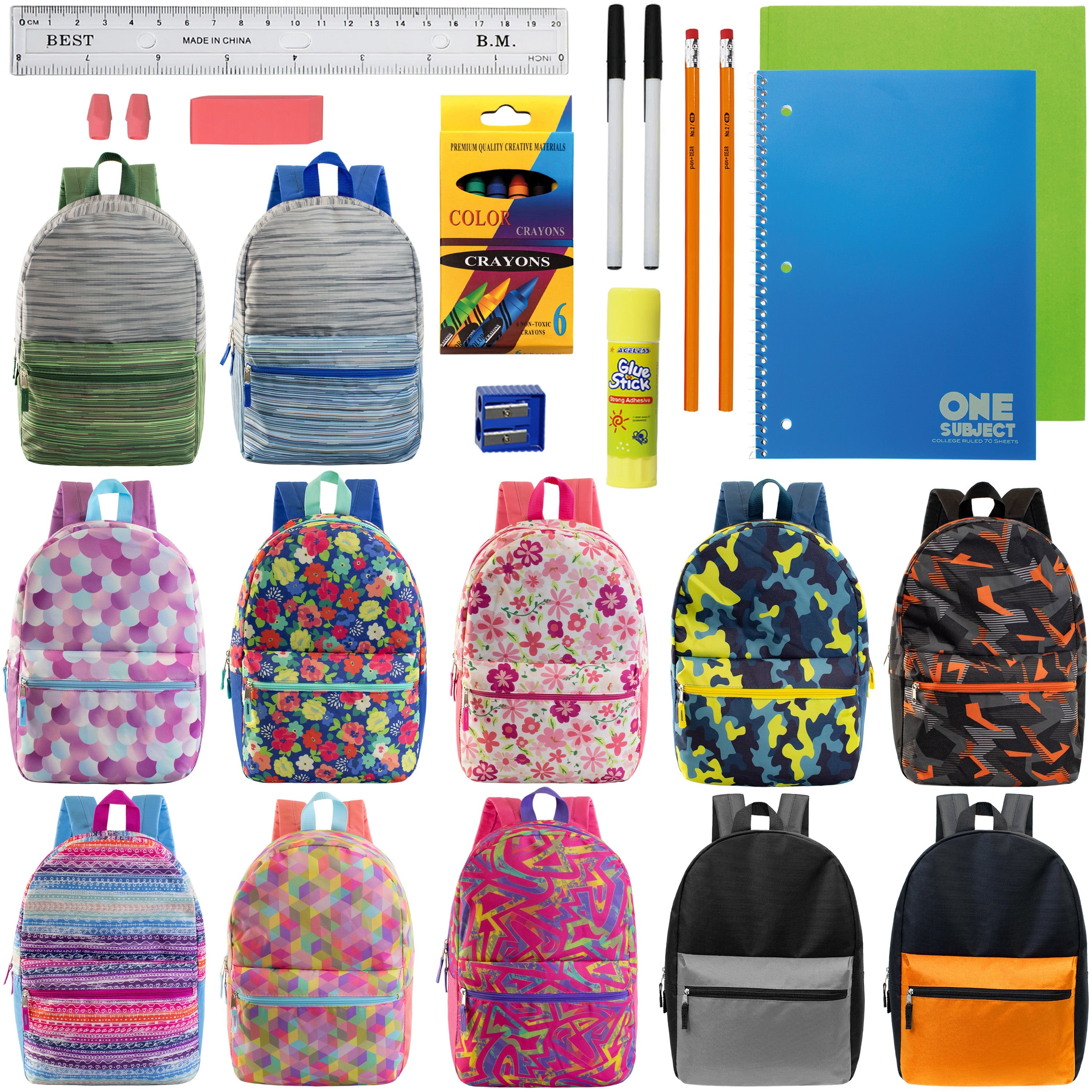 12 Wholesale 17" Backpacks in Assorted Designs & 12 Bulk School Supply Kits of Your Choice