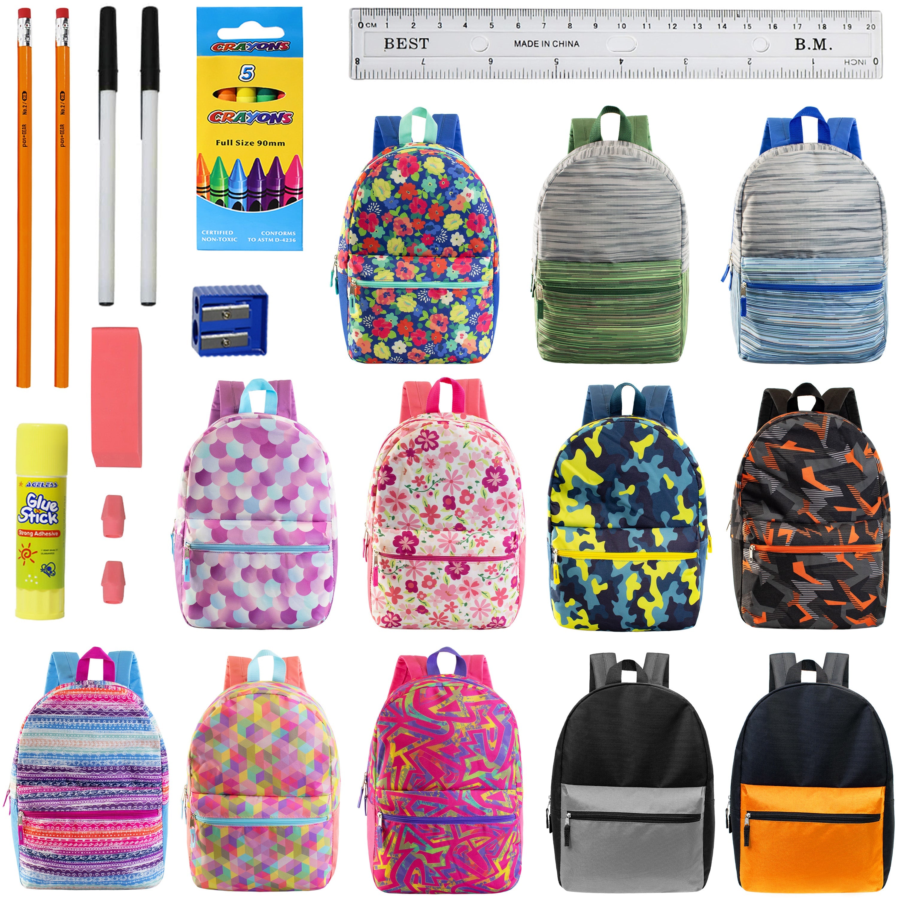 12 Wholesale 17" Backpacks in Assorted Designs & 12 Bulk School Supply Kits of Your Choice