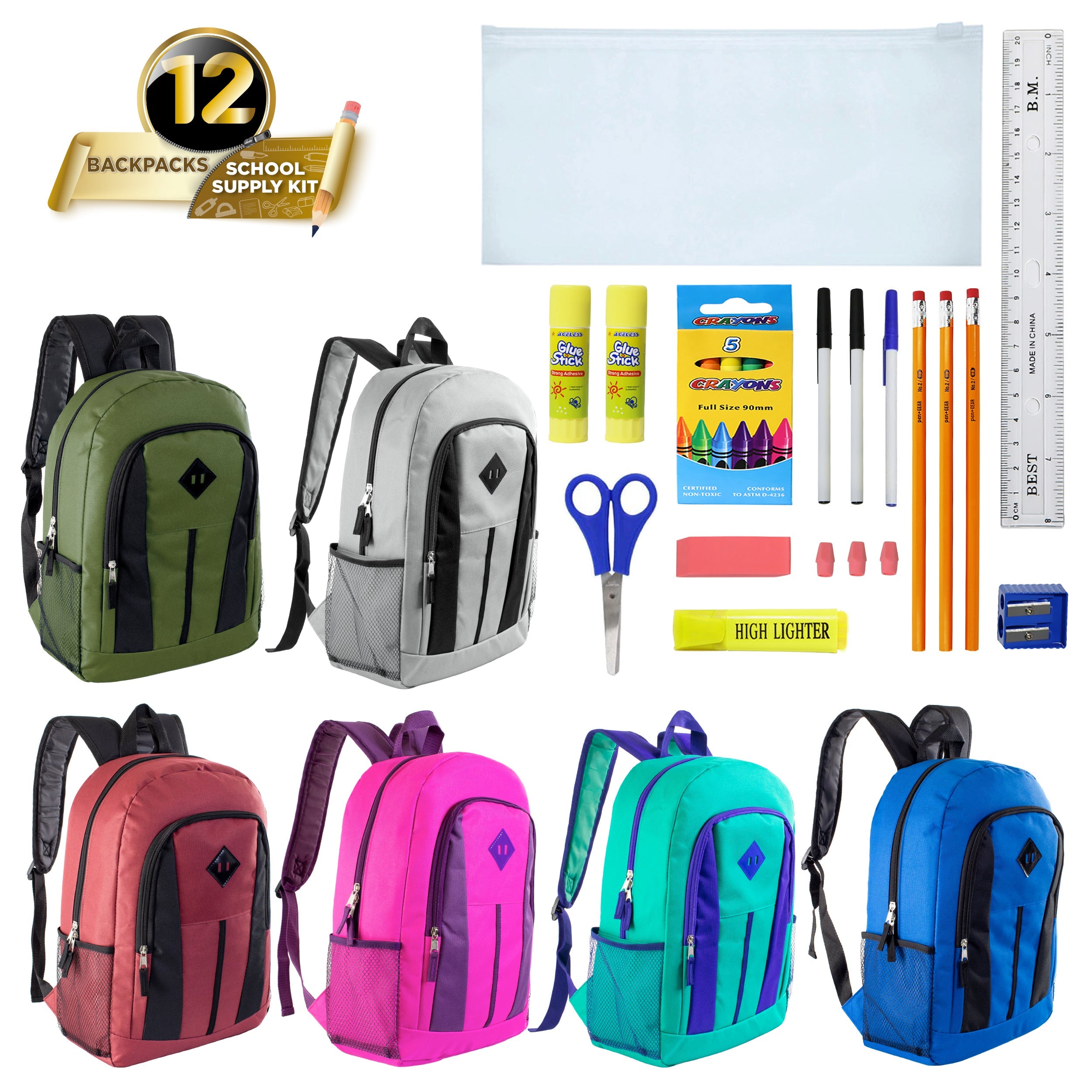 12 Wholesale 17" Diamond Patch Backpacks in 6 Colors & 12 Bulk School Supply Kits of Your Choice