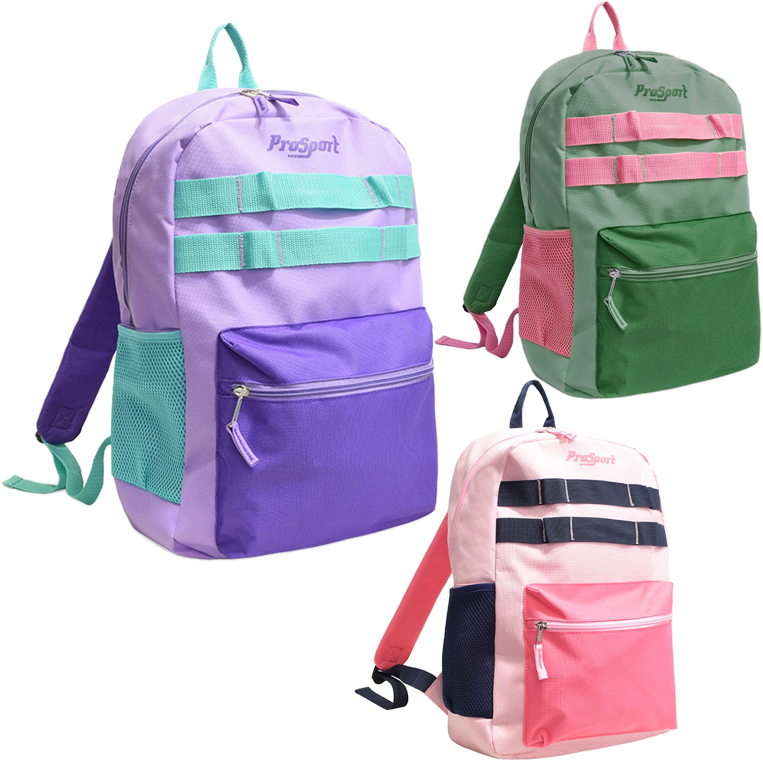 Wholesale 17" Multi Color Backpacks in 3 Assorted Colors - Bulk Case of 24 Bookbags