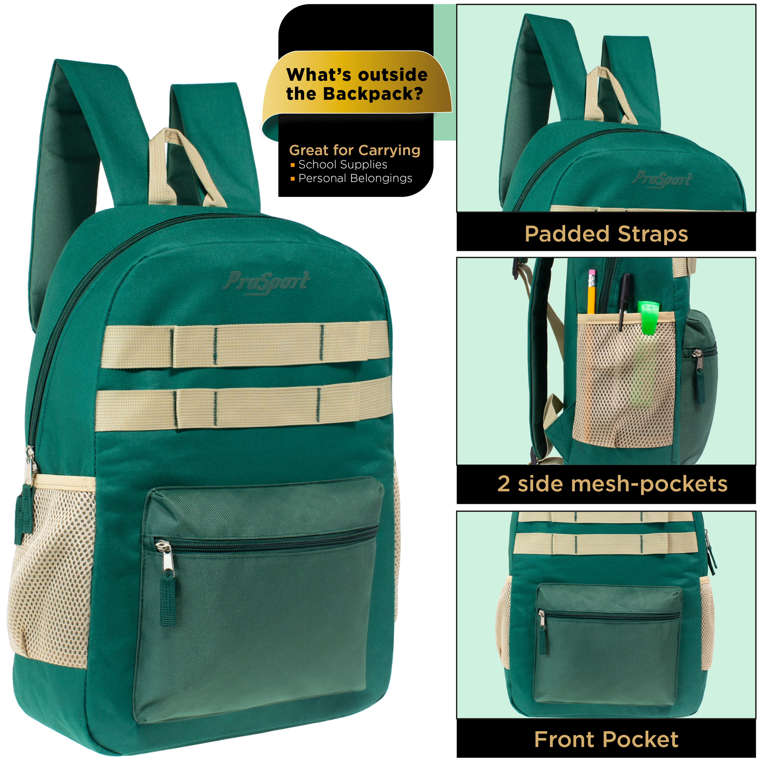 12 Multi-Color 17" Backpacks w/Accent Trim & Your Choice of 12 Bulk Hygiene Kits - Wholesale Care Package: Homeless, Emergency, Charity