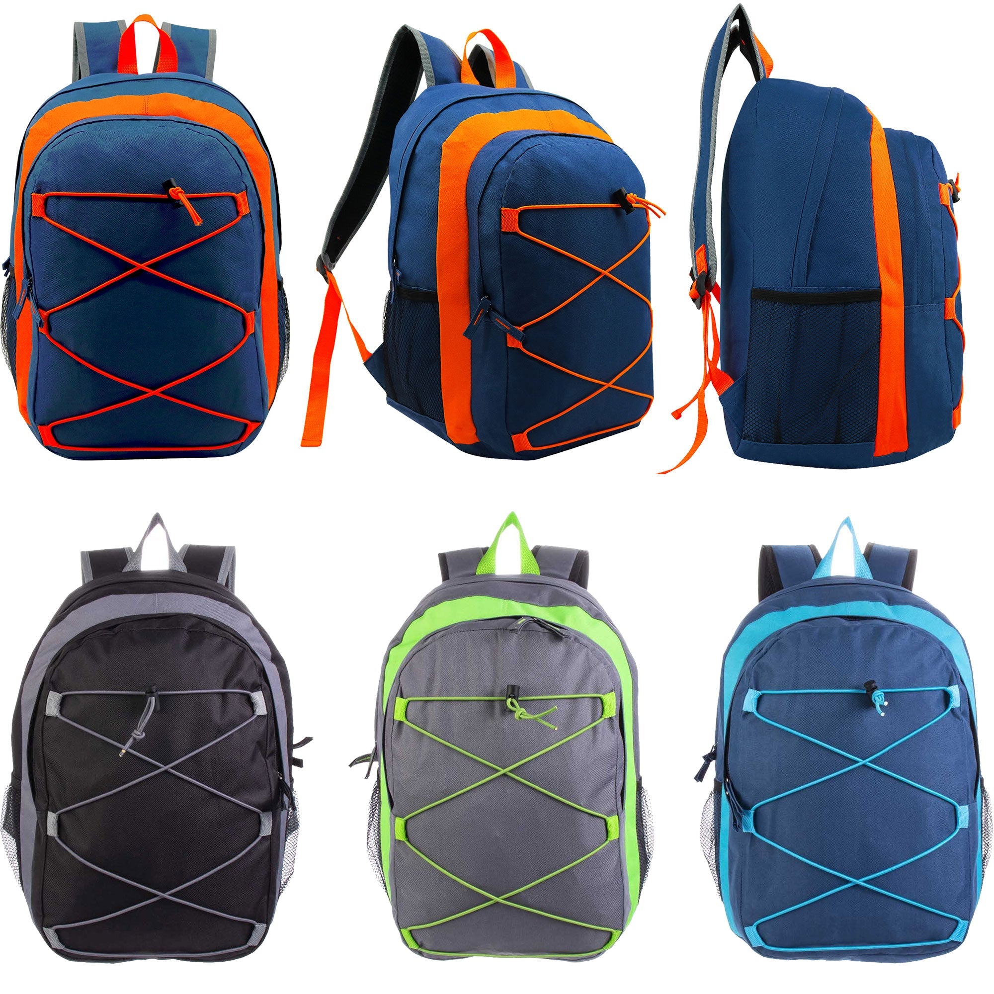 12 Multi-Color 17" Premium Bungee Backpacks in 4 Colors & Your Choice of 12 Bulk Hygiene Kits - Wholesale Care Package: Homeless, Emergency, Charity