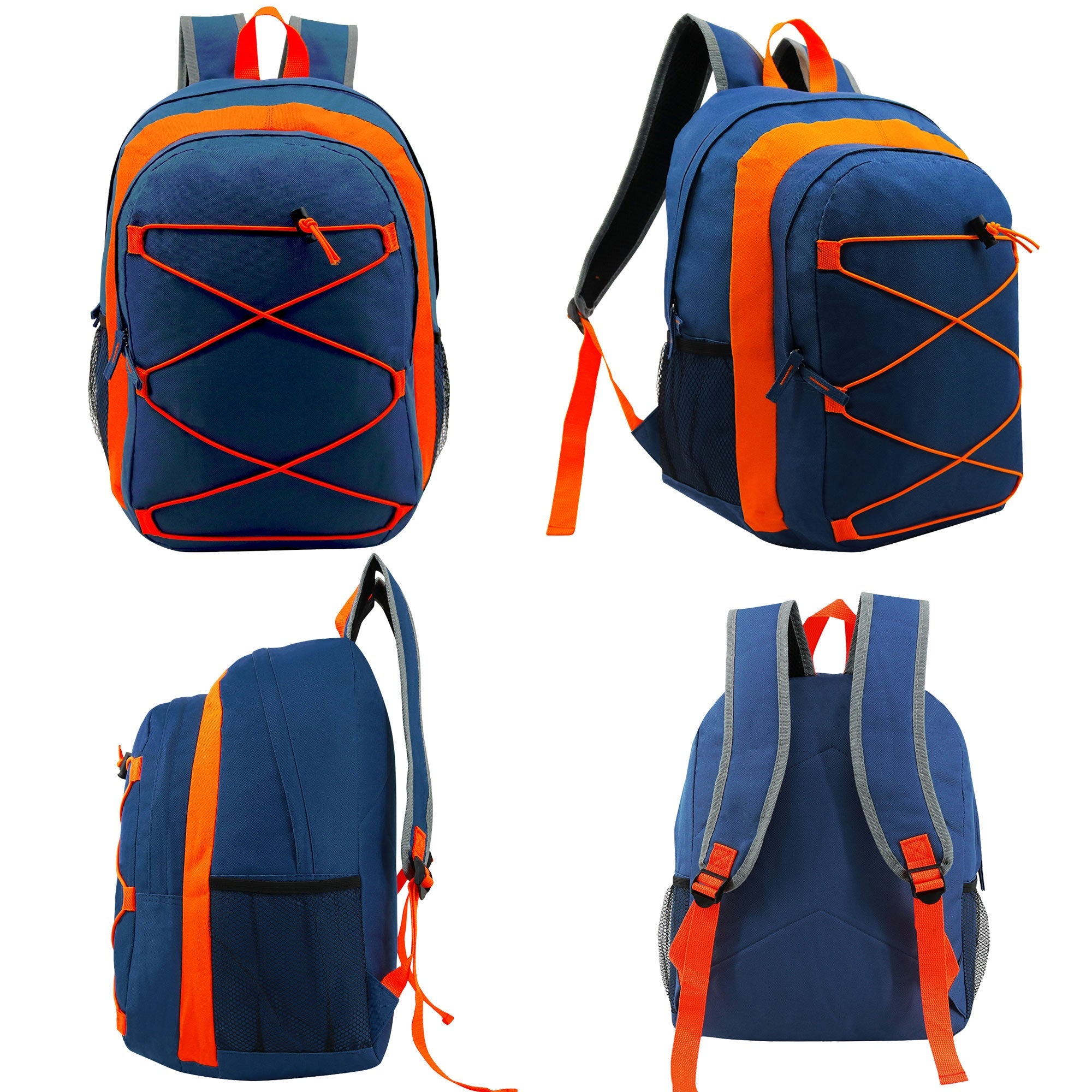 12 Multi-Color 17" Premium Bungee Backpacks in 4 Colors & Your Choice of 12 Bulk Hygiene Kits - Wholesale Care Package: Homeless, Emergency, Charity