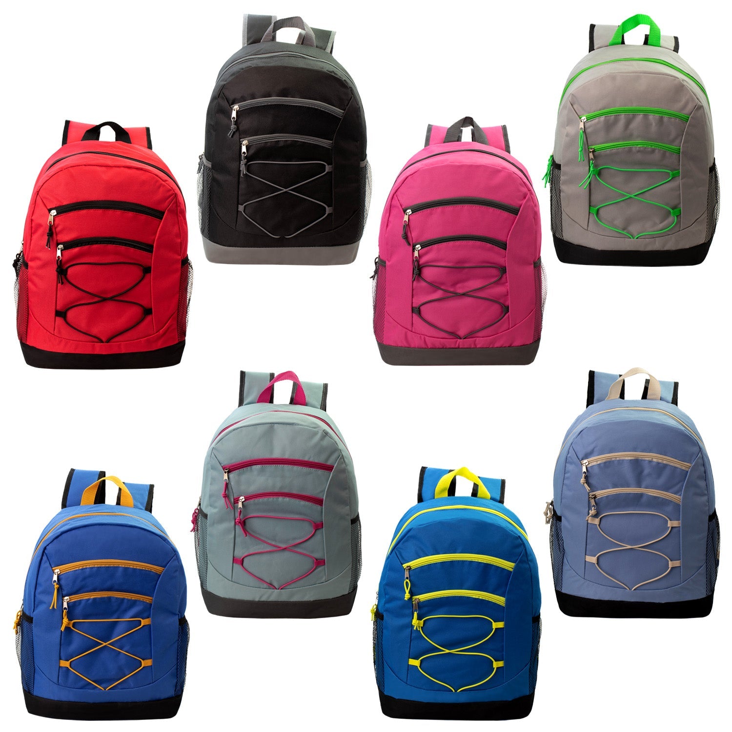 17" Bungee Wholesale Backpacks in 8 Assorted Colors - Bulk Case of 24 Bookbags