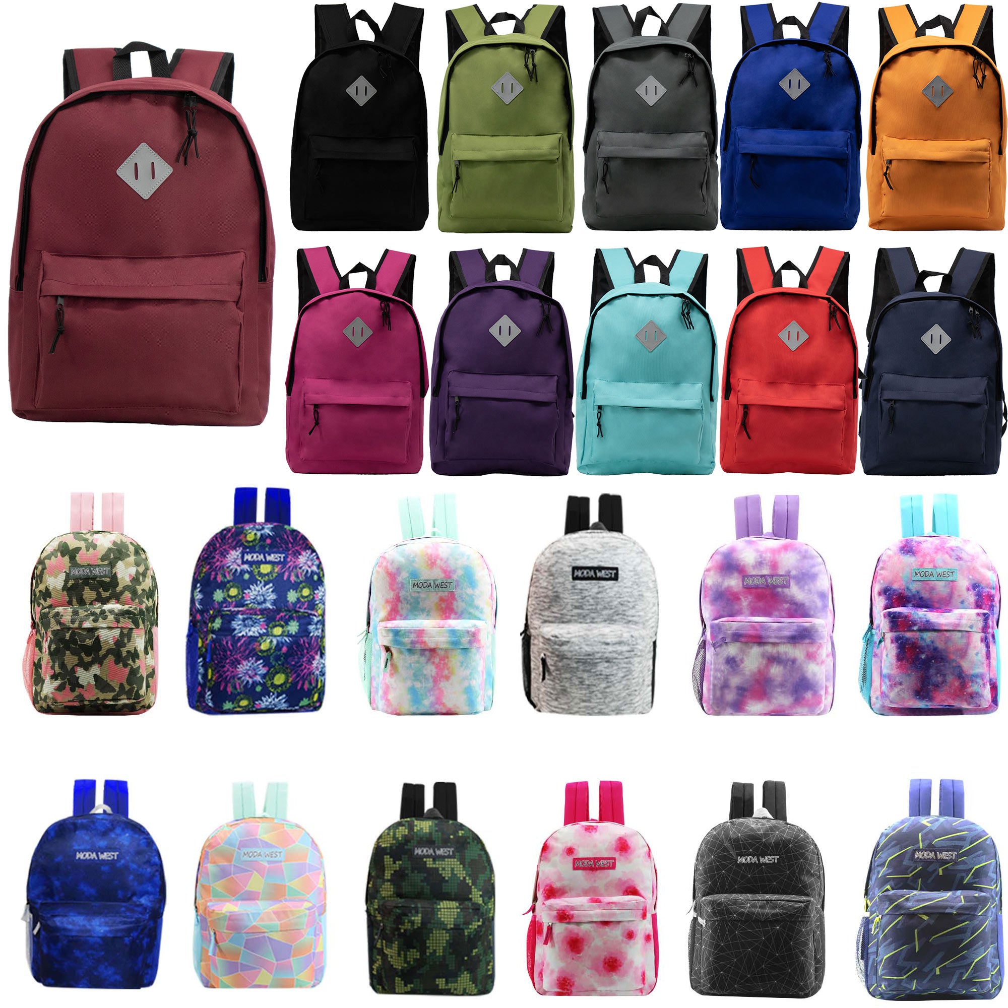 24 Pack of 17" Kids Basic Wholesale Backpack in Assorted Colors and Prints - Bulk Case of 24