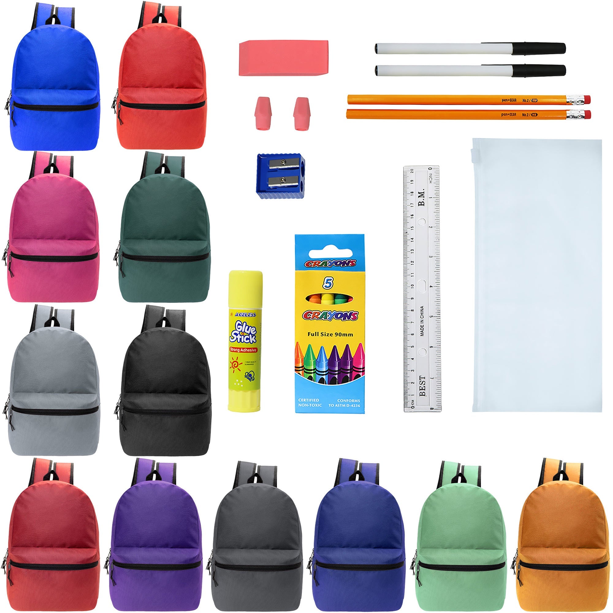 12 Wholesale Blank 19" Backpacks in 12 Assorted Colors and 12 Bulk School Supply Kits of Your Choice