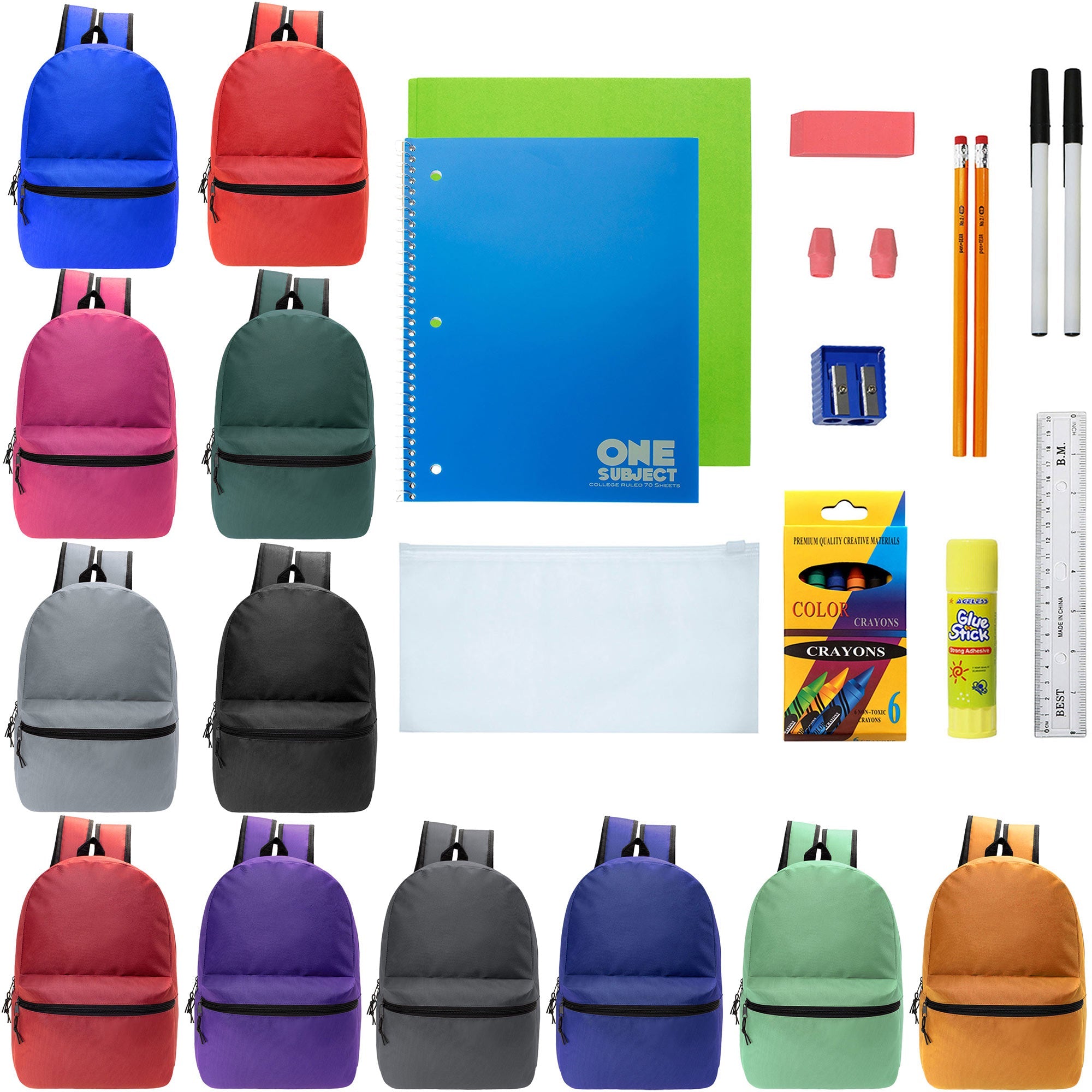 12 Wholesale Blank 19" Backpacks in 12 Assorted Colors and 12 Bulk School Supply Kits of Your Choice