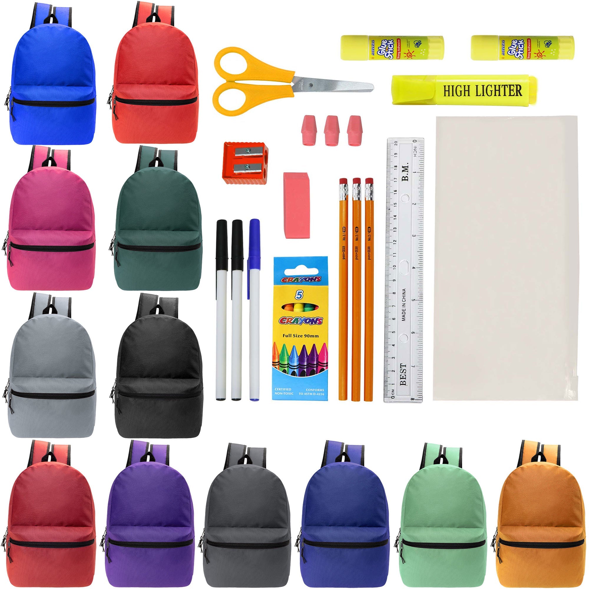 12 Wholesale Blank 19" Backpacks in 12 Assorted Colors and 12 Bulk School Supply Kits of Your Choice