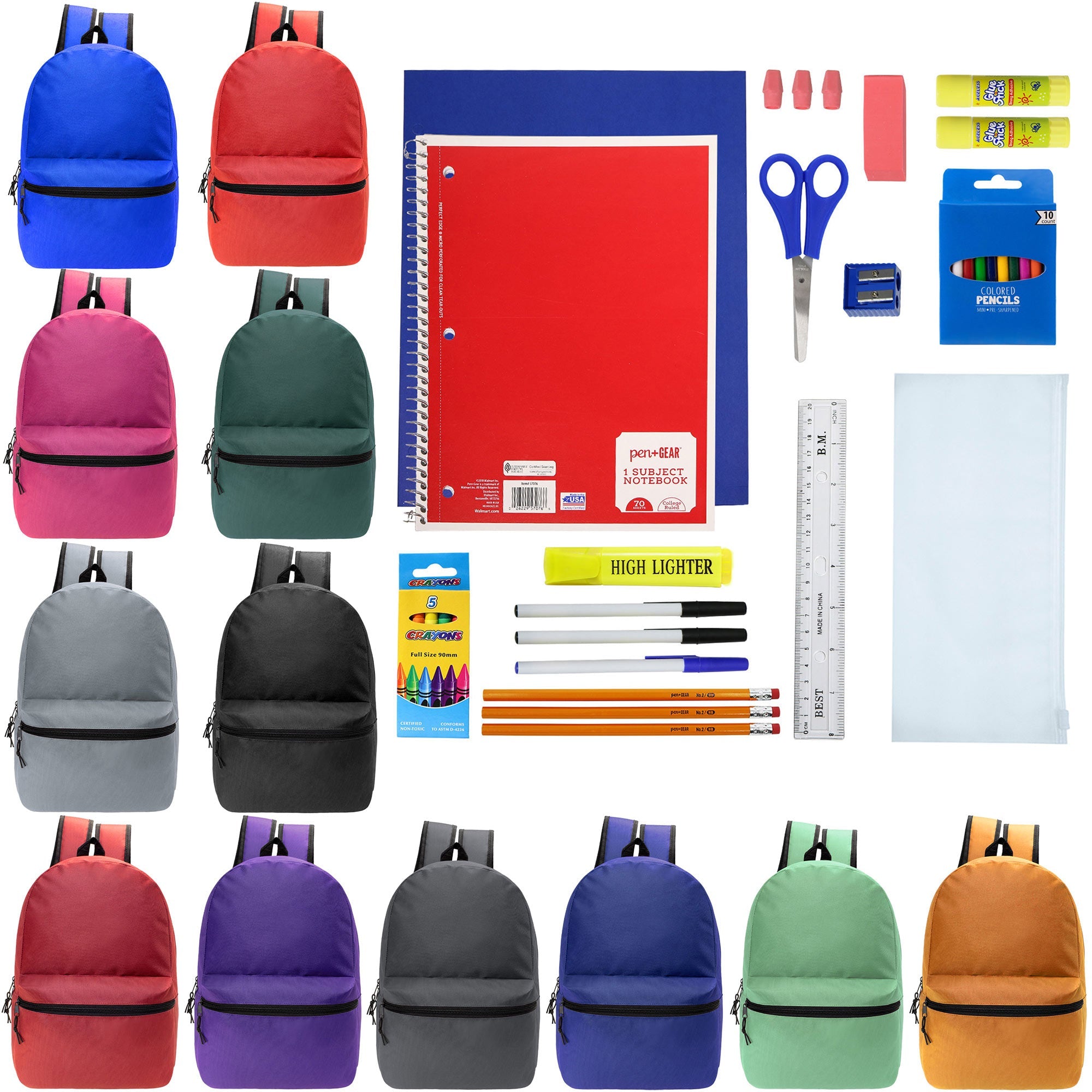 12 Wholesale Blank 19" Backpacks in 12 Assorted Colors and 12 Bulk School Supply Kits of Your Choice