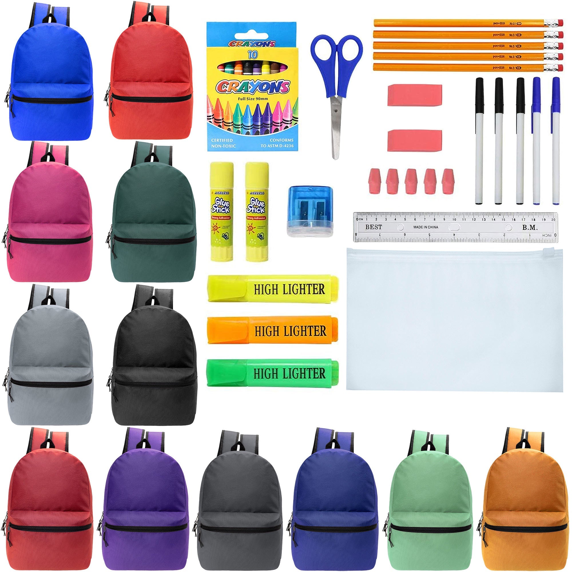 12 Wholesale Blank 19" Backpacks in 12 Assorted Colors and 12 Bulk School Supply Kits of Your Choice