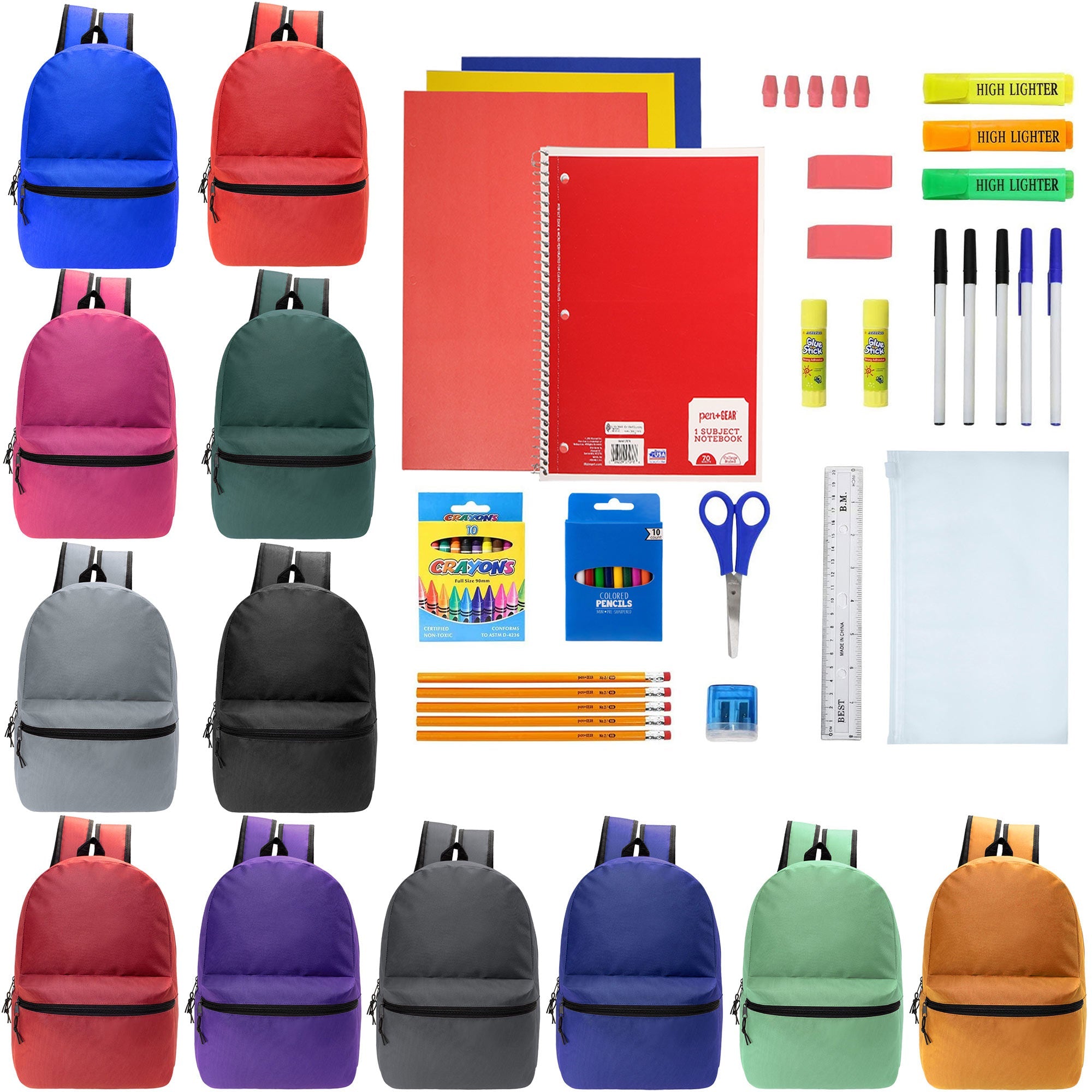 12 Wholesale Blank 19" Backpacks in 12 Assorted Colors and 12 Bulk School Supply Kits of Your Choice