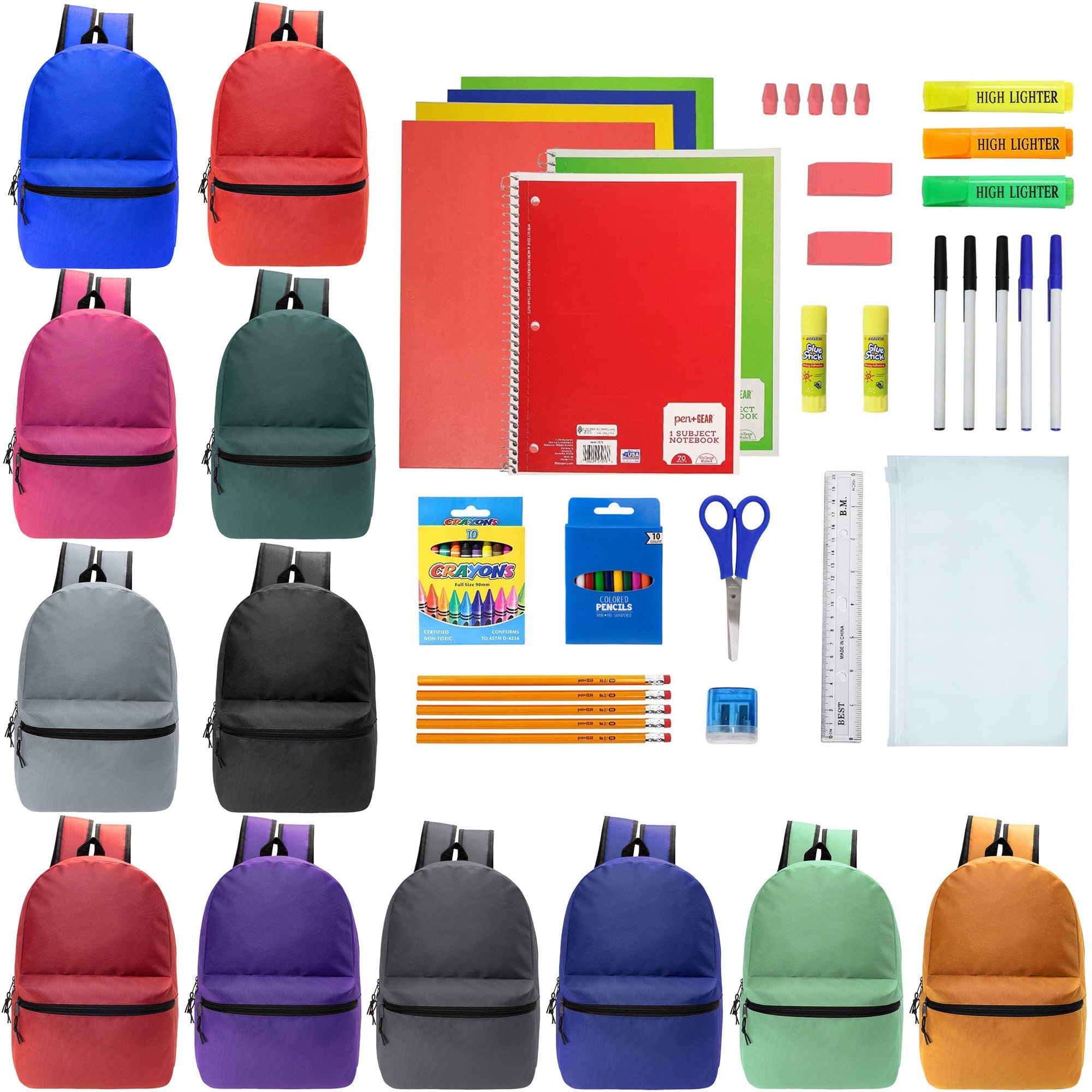 12 Wholesale Blank 19" Backpacks in 12 Assorted Colors and 12 Bulk School Supply Kits of Your Choice