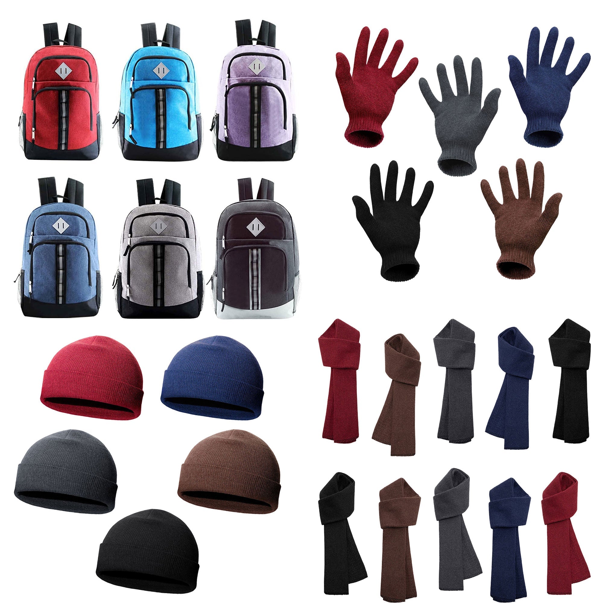 12 Deluxe 18" Backpacks & Your Choice of 12 Winter Item Sets - Wholesale Care Package: Homeless, Emergency, Charity