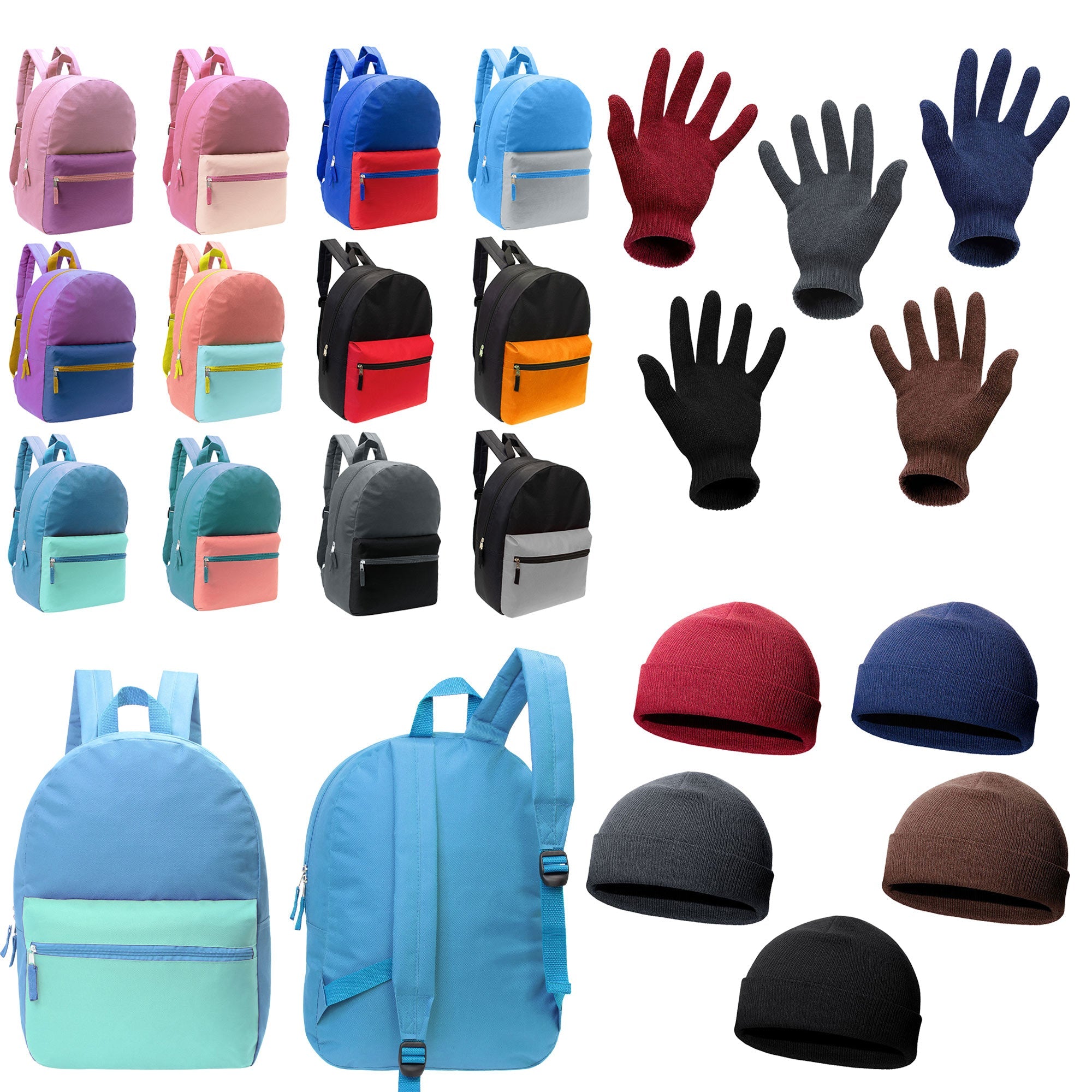 12 Multi Color 17" Basic Backpacks & Your Choice of 12 Winter Item Sets - Wholesale Care Package: Homeless, Emergency, Charity